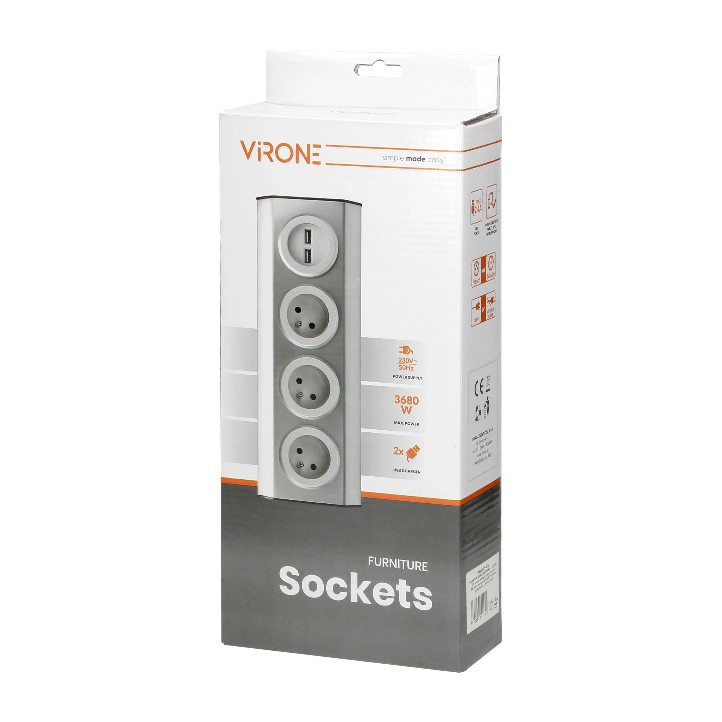 Orno Lizdas Baldai, virtuvės lizdas su USB įkrovikliu, tvirtinamas „Velcro“ juosta su 1,5 m laidu - 3x2P+Z schuko, 2xUSB, INOX su 1,5 m laidu.
