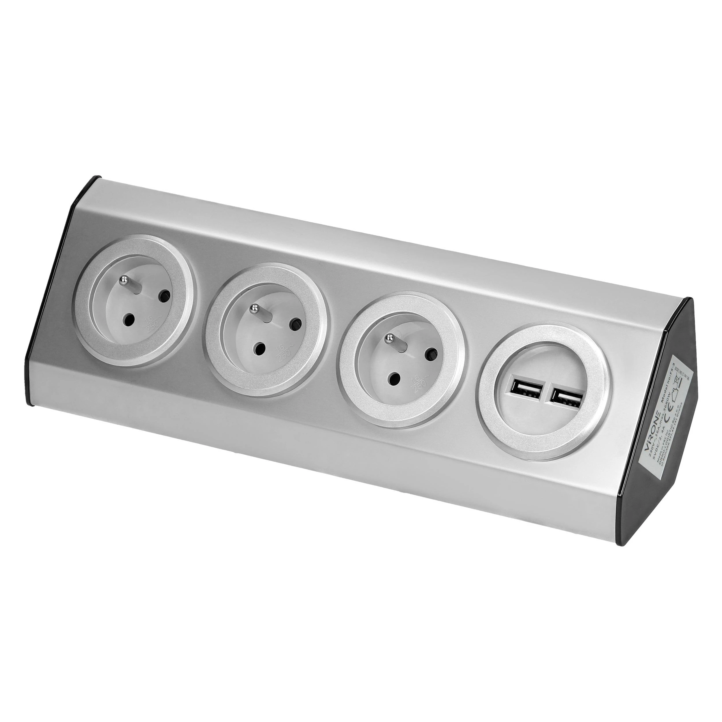 Orno Lizdas Baldai, virtuvės lizdas, tvirtinamas Velcro juosta, su USB įkrovikliu - 3x2P+Z, 2xUSB, INOX.