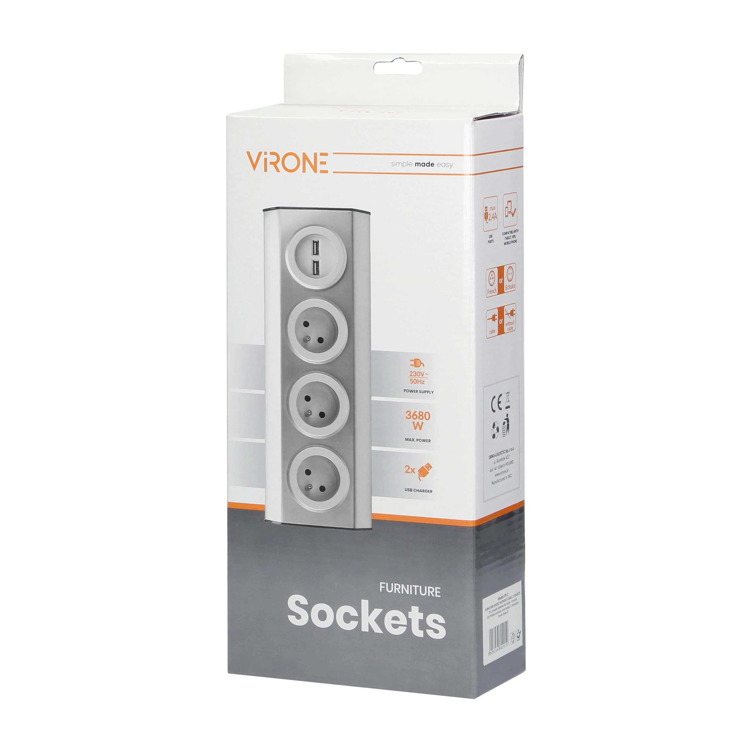 Orno Lizdas Baldai, virtuvės lizdas, tvirtinamas Velcro juosta, su USB įkrovikliu - 3x2P+Z, 2xUSB, INOX.