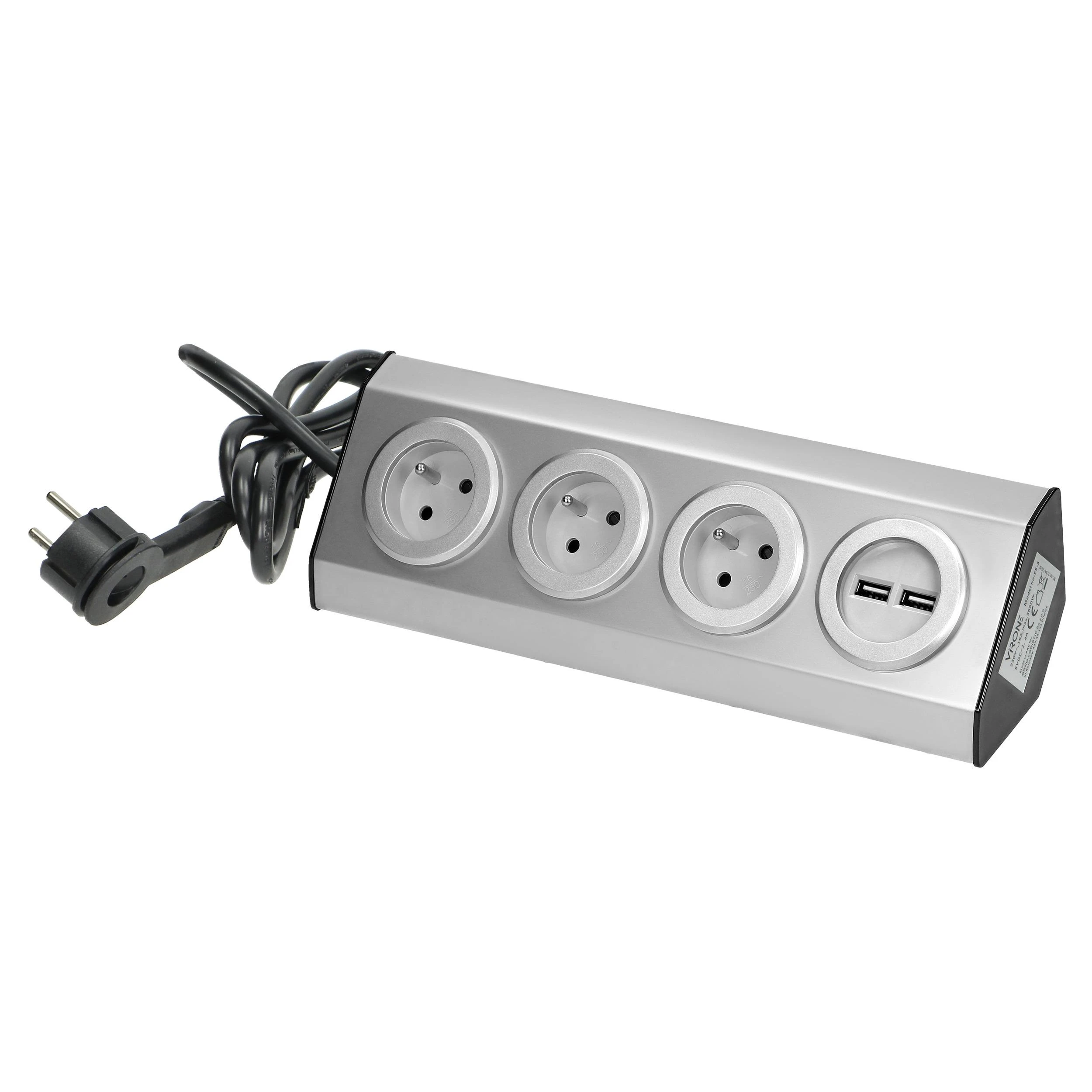 Orno Lizdas Baldai, virtuvės lizdas su USB įkrovikliu, tvirtinamas „Velcro“ juosta su 1,5 m laidu - 3x2P+Z, 2xUSB, INOX su 1,5 m laidu.