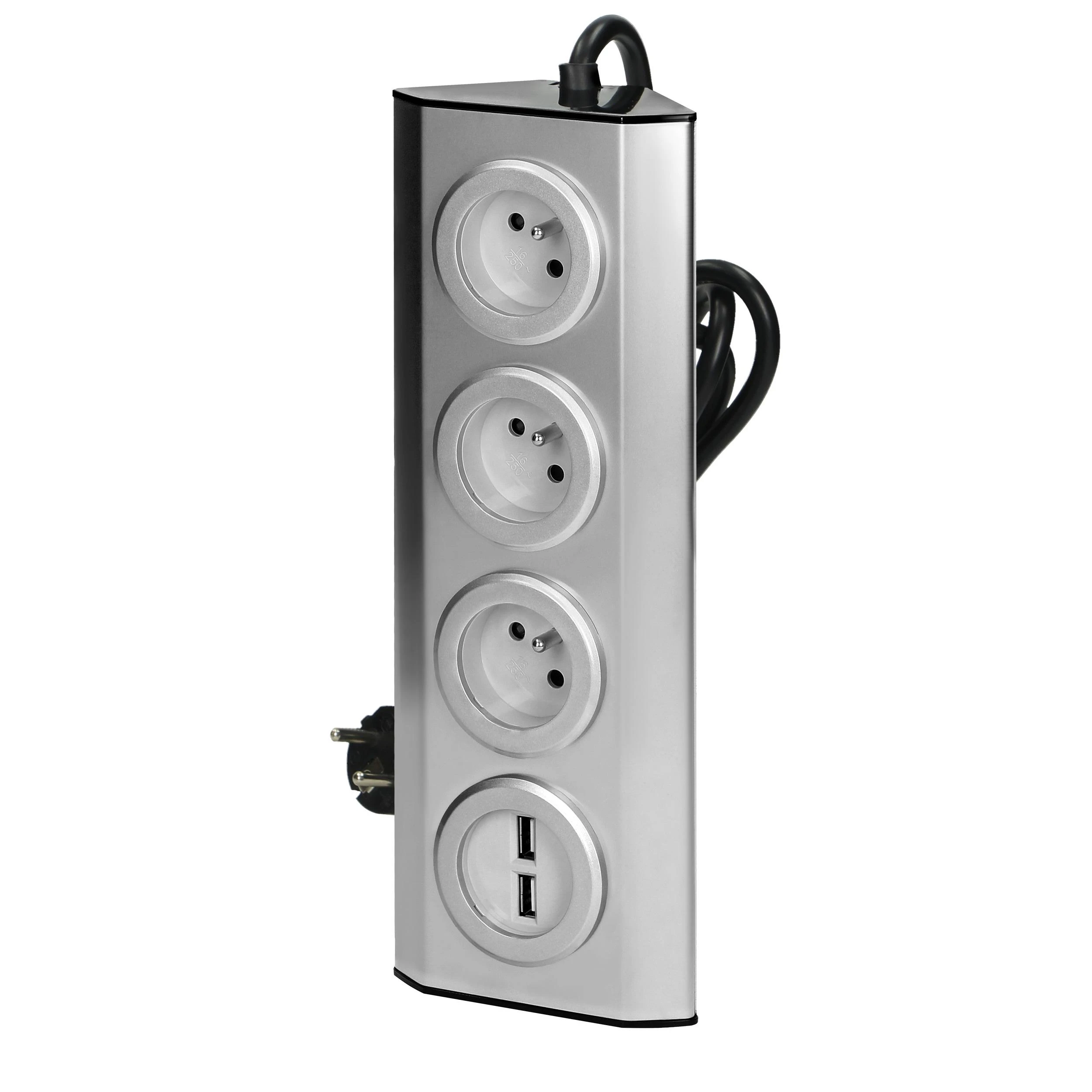 Orno Lizdas Baldai, virtuvės lizdas su USB įkrovikliu, tvirtinamas „Velcro“ juosta su 1,5 m laidu - 3x2P+Z, 2xUSB, INOX su 1,5 m laidu.