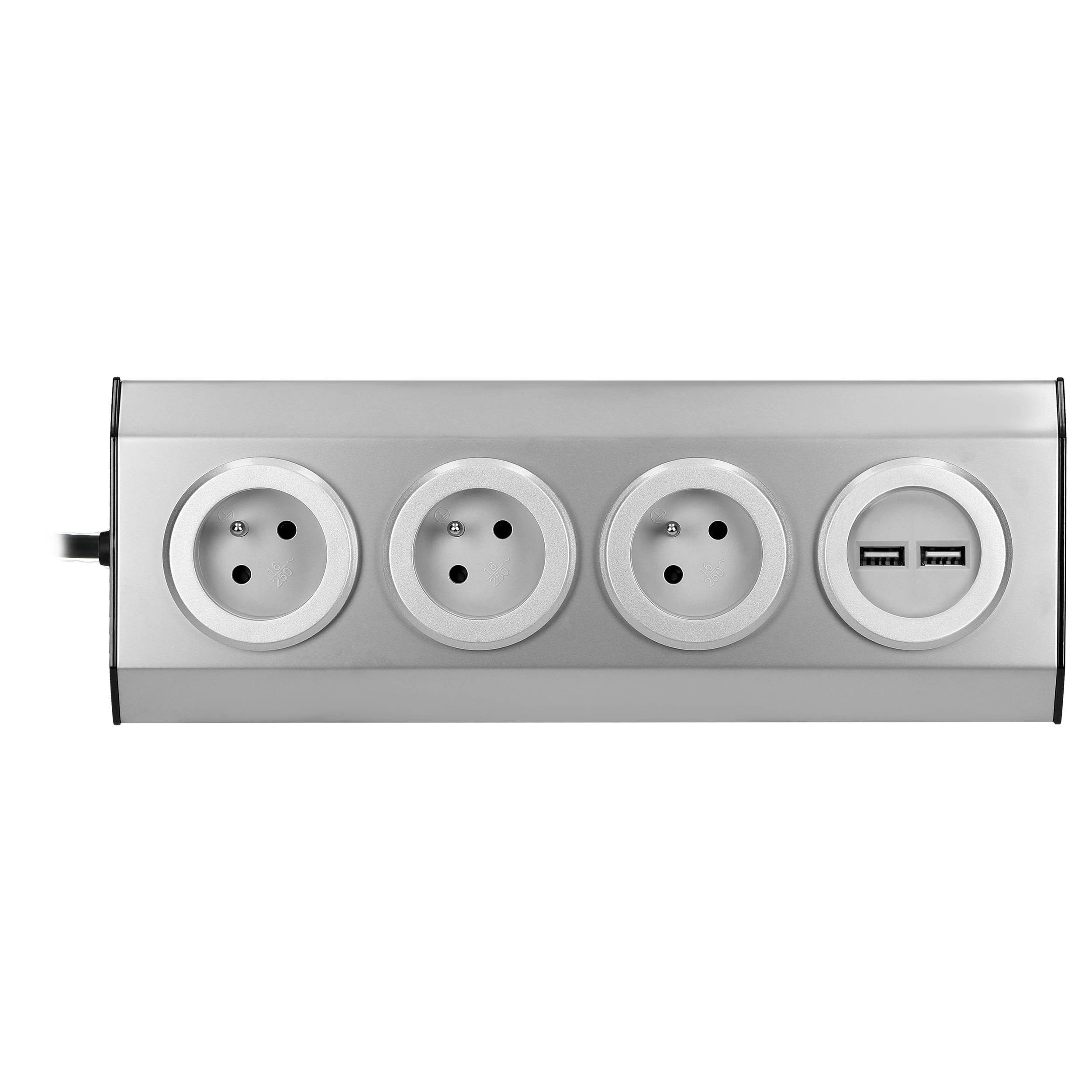 Orno Lizdas Baldai, virtuvės lizdas su USB įkrovikliu, tvirtinamas „Velcro“ juosta su 1,5 m laidu - 3x2P+Z, 2xUSB, INOX su 1,5 m laidu.