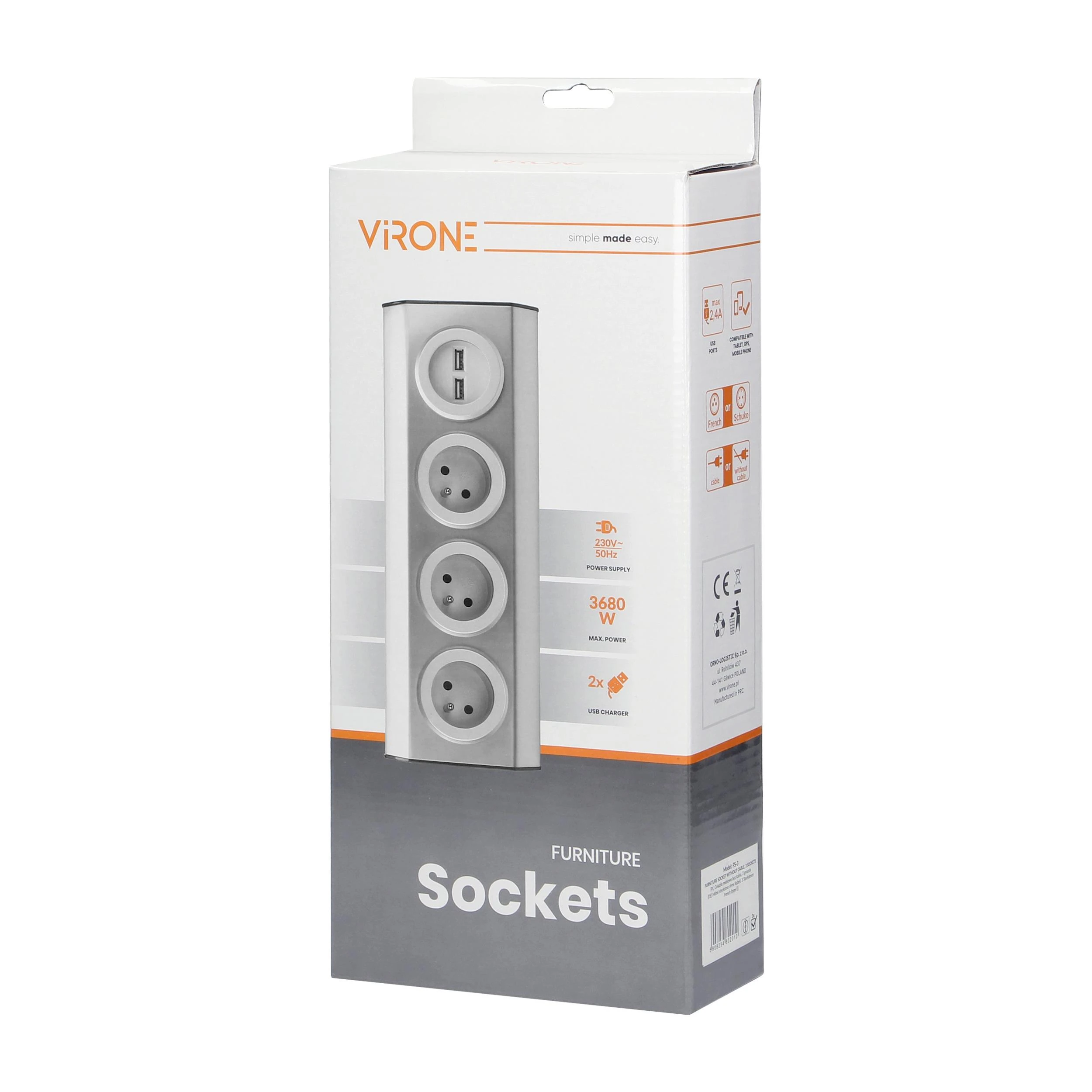 Orno Lizdas Baldai, virtuvės lizdas su USB įkrovikliu, tvirtinamas „Velcro“ juosta su 1,5 m laidu - 3x2P+Z, 2xUSB, INOX su 1,5 m laidu.