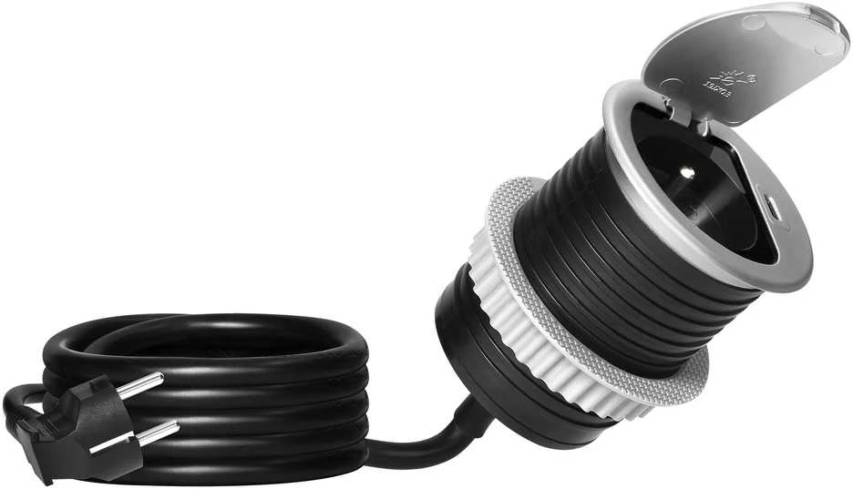 Gniazdo Lizdas Baldinis lizdas Ø6cm, įleidžiamas į stalviršį, su dangteliu, USB įkrovikliu ir 1,9m laidu, 1x2P+Z (prancūziškas), 1xUSB (C tipo; PD20W), sidabrinis