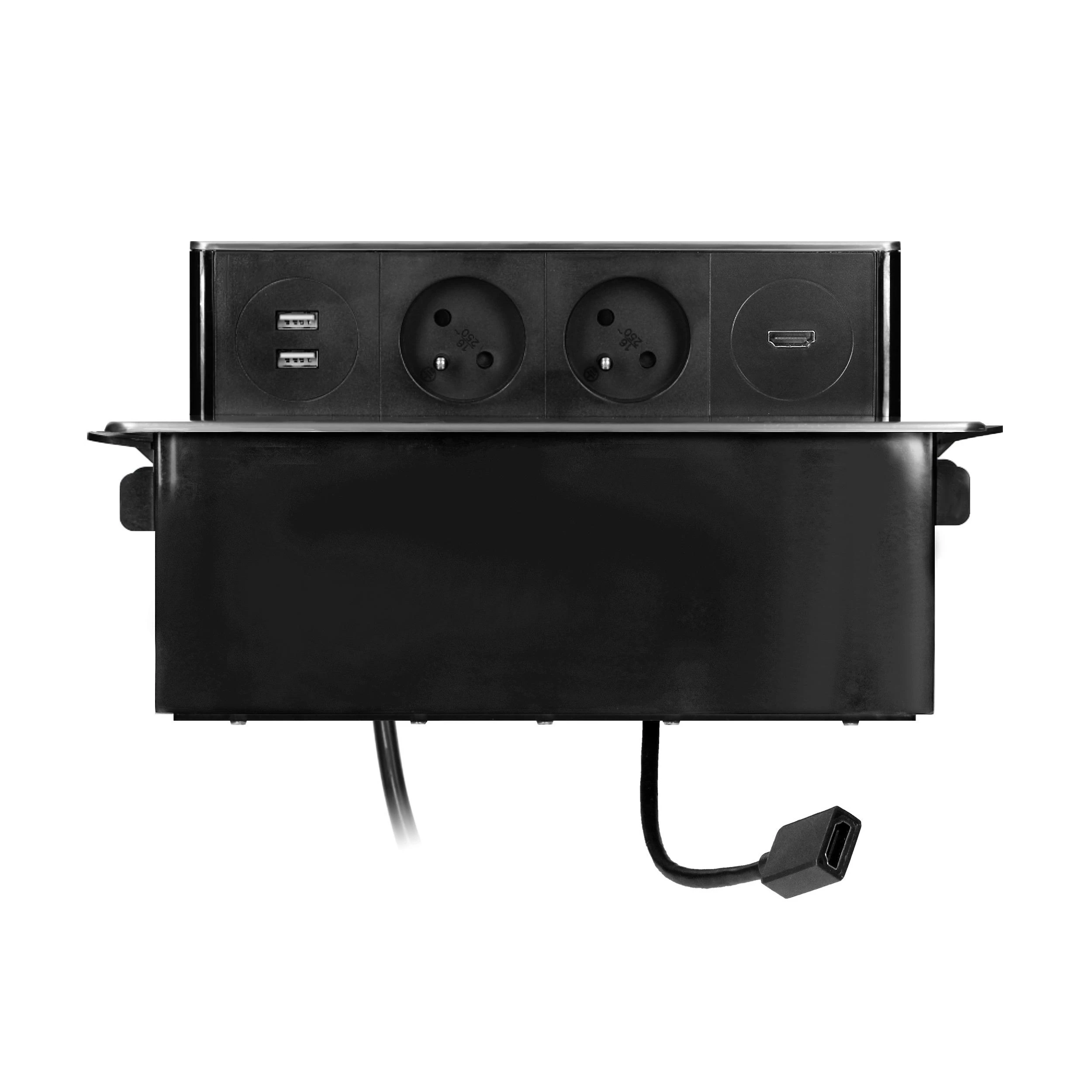 Orno Lizdas Baldinis lizdas, išsikišantis iš stalviršio, su plokščiu frezuotu kraštu, USB įkrovikliu ir 2 m laidu, 2x2P+Z, 2 x USB (A tipo), HDMI, 3x1,5mm2, juodas ir sidabrinis, INOX