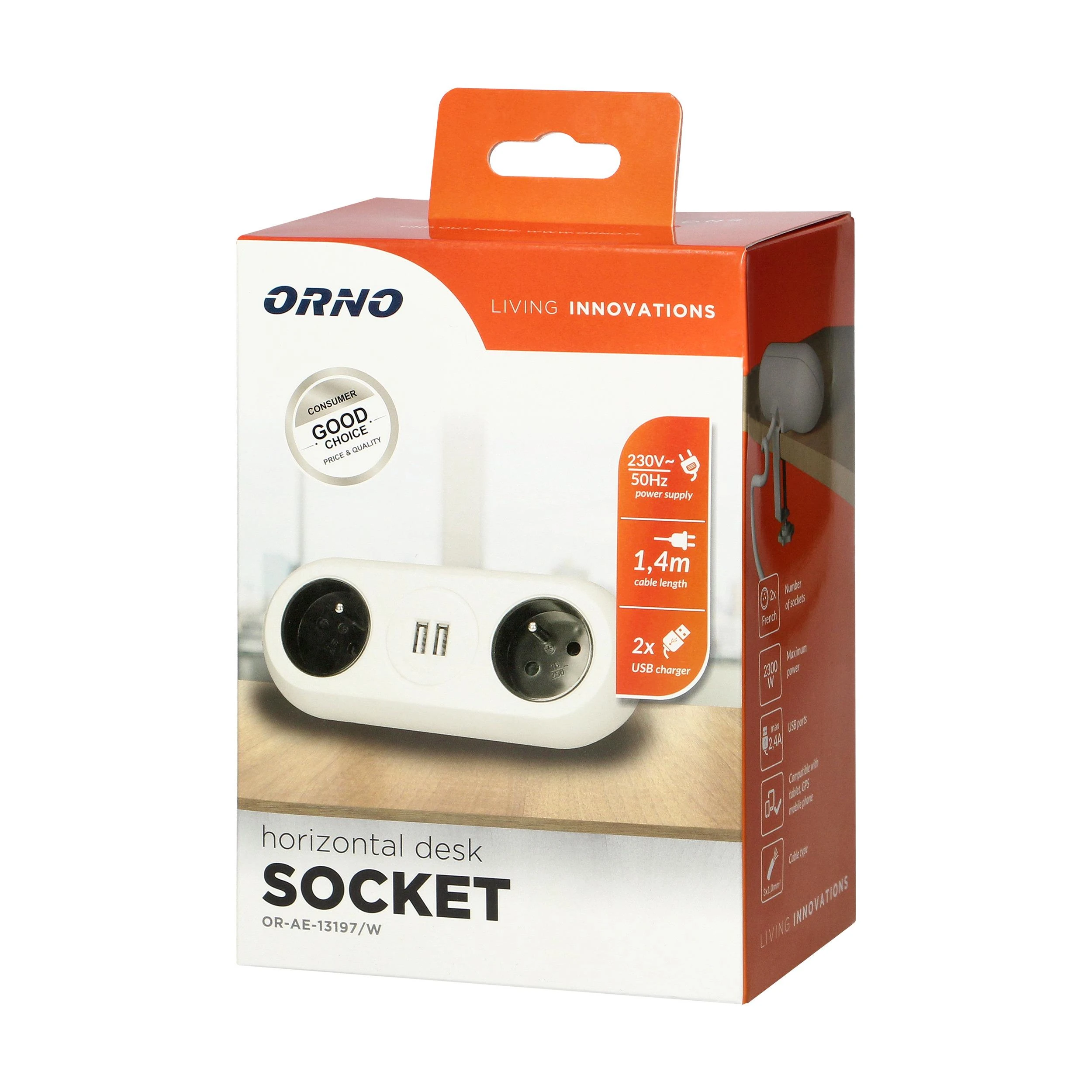 Orno Lizdas Baldinis lizdas su tvirtinimo laikikliu, USB įkroviklis, 2 lizdai 2P+Z, 2xUSB, laidas 3x1.0mm² - 1.5m, baltas