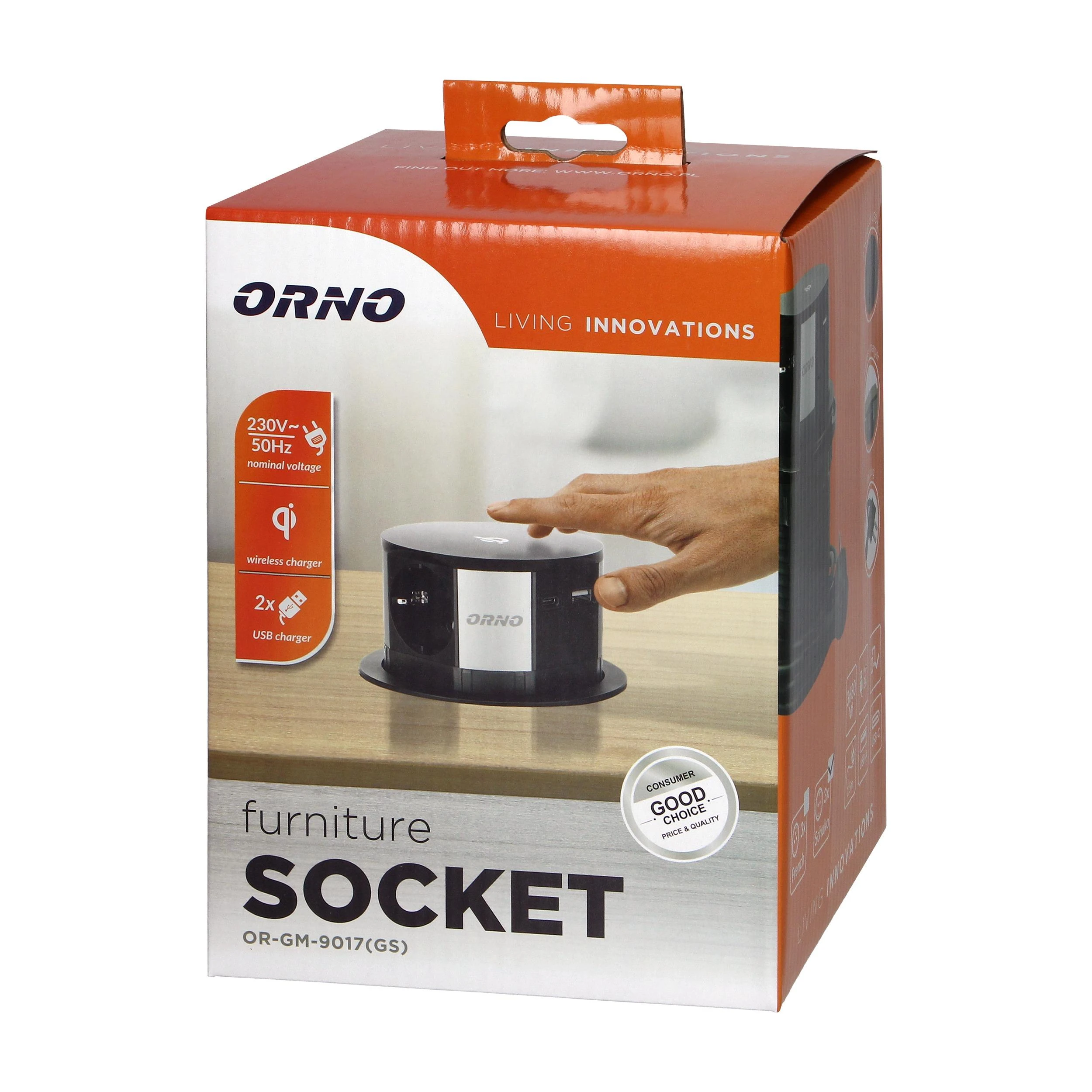 Orno Lizdas Baldinis lizdas Ø10cm, ištraukiamas iš stalo su indukciniu įkrovikliu, USB įkrovikliu ir 1,5m laidu, 3x2P+Z (Schuko), Qi 1.2.4 maks. 10W, USB A+C QC 3.0