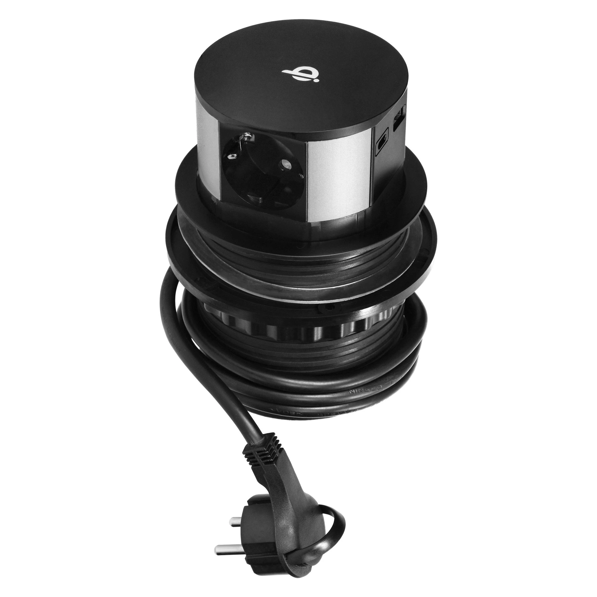 Orno Lizdas Baldinis lizdas Ø10cm, ištraukiamas iš stalo su indukciniu įkrovikliu, USB įkrovikliu ir 1,5m laidu, 3x2P+Z (Schuko), Qi 1.2.4 maks. 10W, USB A+C QC 3.0