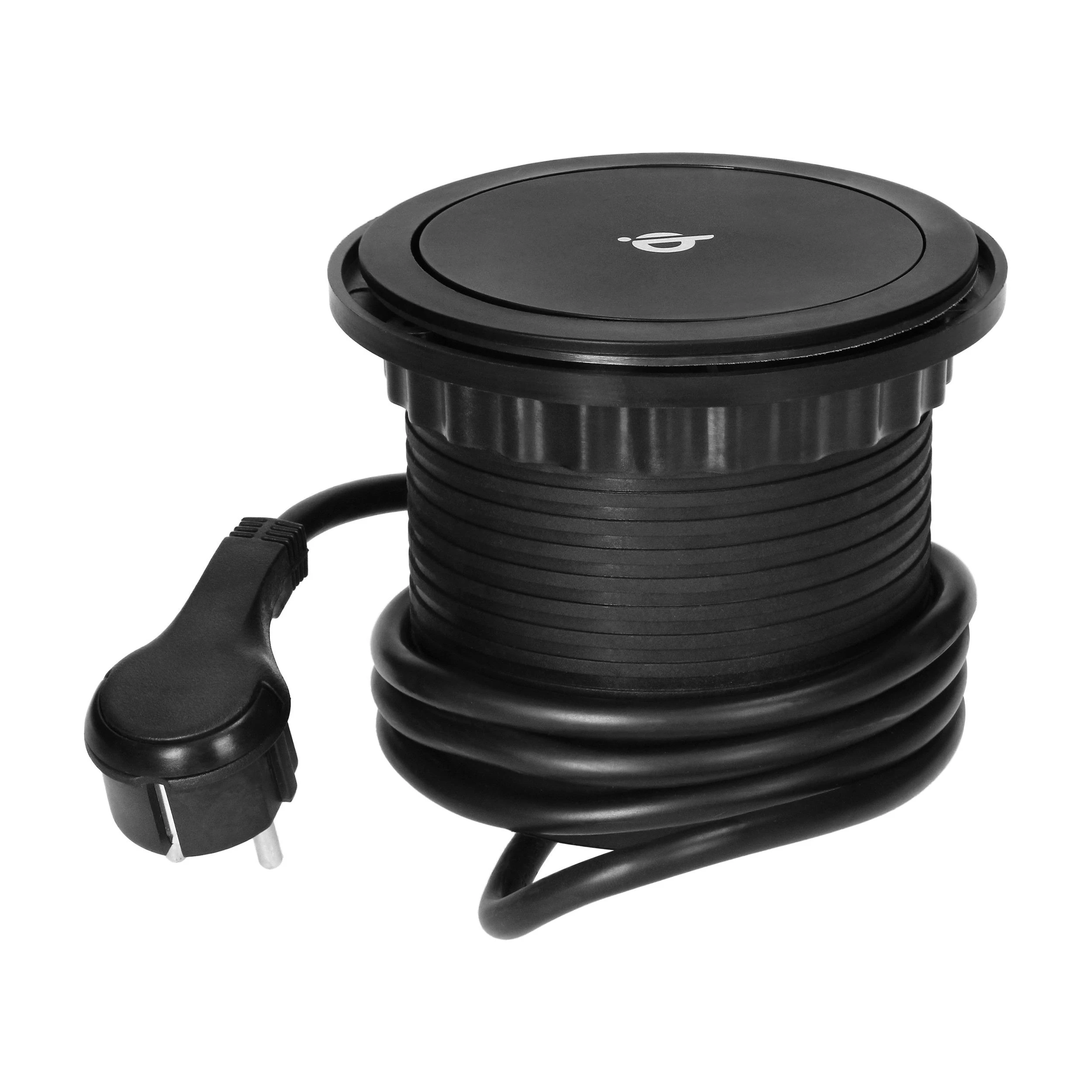 Orno Lizdas Baldinis lizdas Ø10cm, ištraukiamas iš stalo su indukciniu įkrovikliu, USB įkrovikliu ir 1,5m laidu, 3x2P+Z (Schuko), Qi 1.2.4 maks. 10W, USB A+C QC 3.0