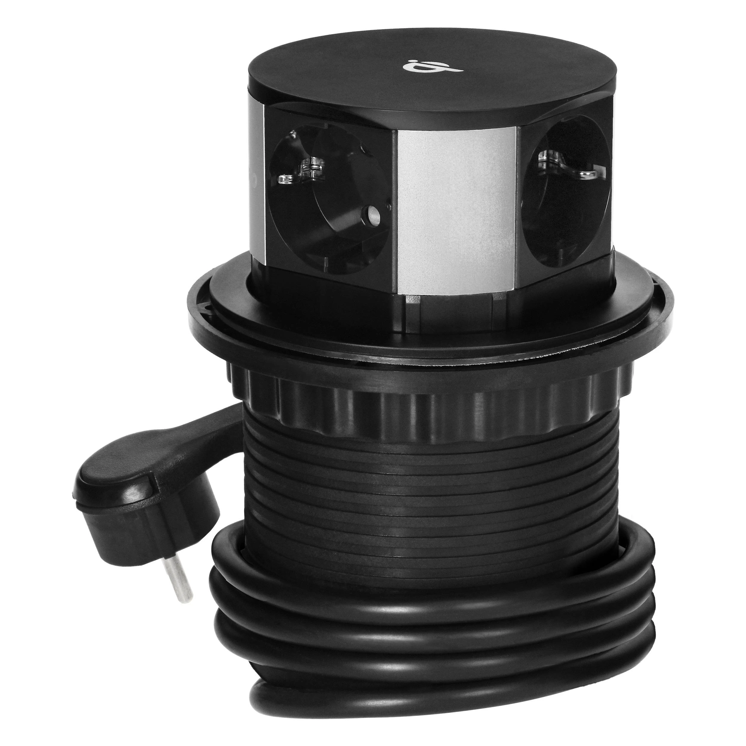 Orno Lizdas Baldinis lizdas Ø10cm, ištraukiamas iš stalo su indukciniu įkrovikliu, USB įkrovikliu ir 1,5m laidu, 3x2P+Z (Schuko), Qi 1.2.4 maks. 10W, USB A+C QC 3.0