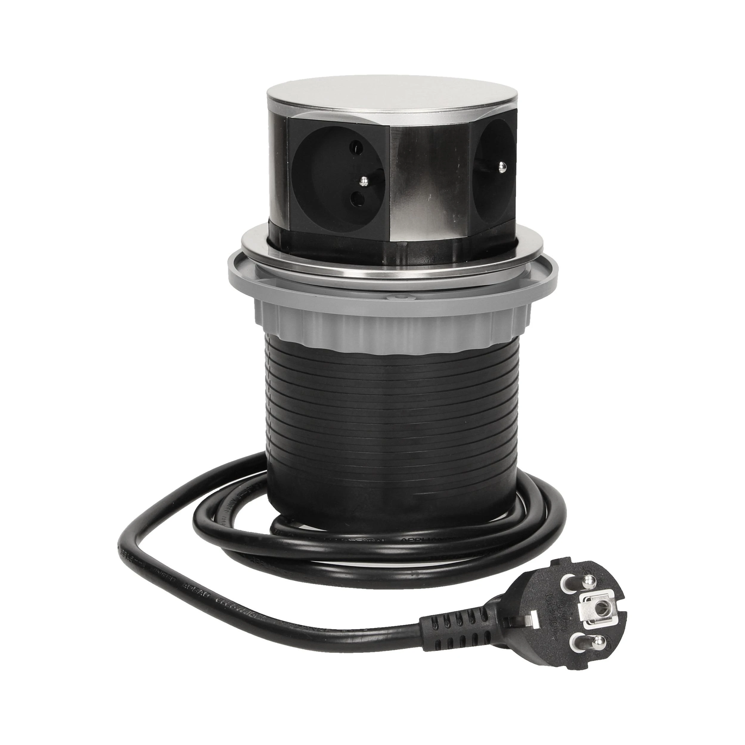 Orno Lizdas Baldų lizdas Ø10cm, ištraukiamas iš stalviršio, su USB įkrovikliu ir 1,5m laidu, 3x2P+Z, 2xUSB, INOX