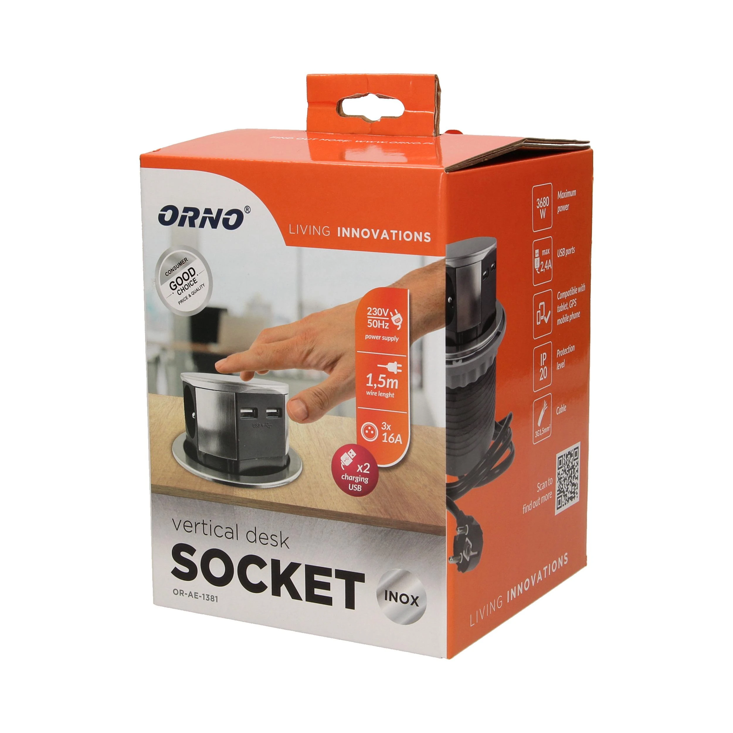 Orno Lizdas Baldų lizdas Ø10cm, ištraukiamas iš stalviršio, su USB įkrovikliu ir 1,5m laidu, 3x2P+Z, 2xUSB, INOX