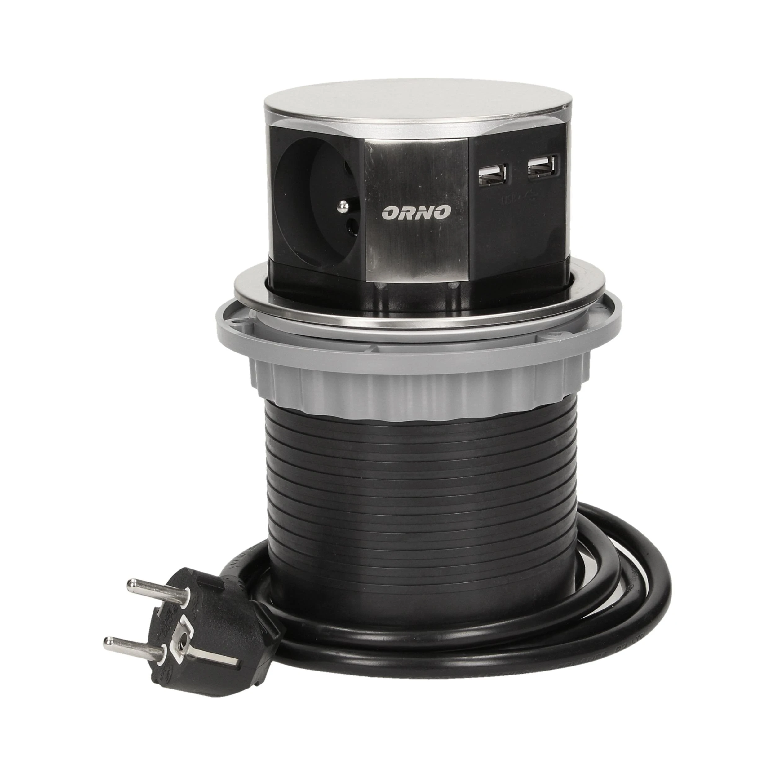 Orno Lizdas Baldų lizdas Ø10cm, ištraukiamas iš stalviršio, su USB įkrovikliu ir 1,5m laidu, 3x2P+Z, 2xUSB, INOX