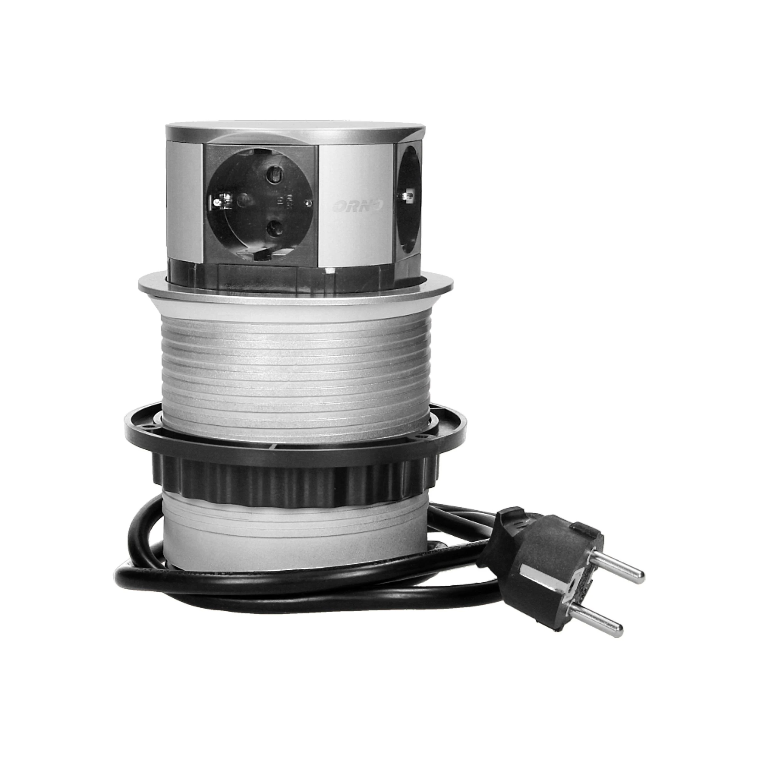 Orno Lizdas Baldinis lizdas Ø10cm, ištraukiamas iš stalviršio, su 1,5m laidu, 4x2P+Z, schuko versija