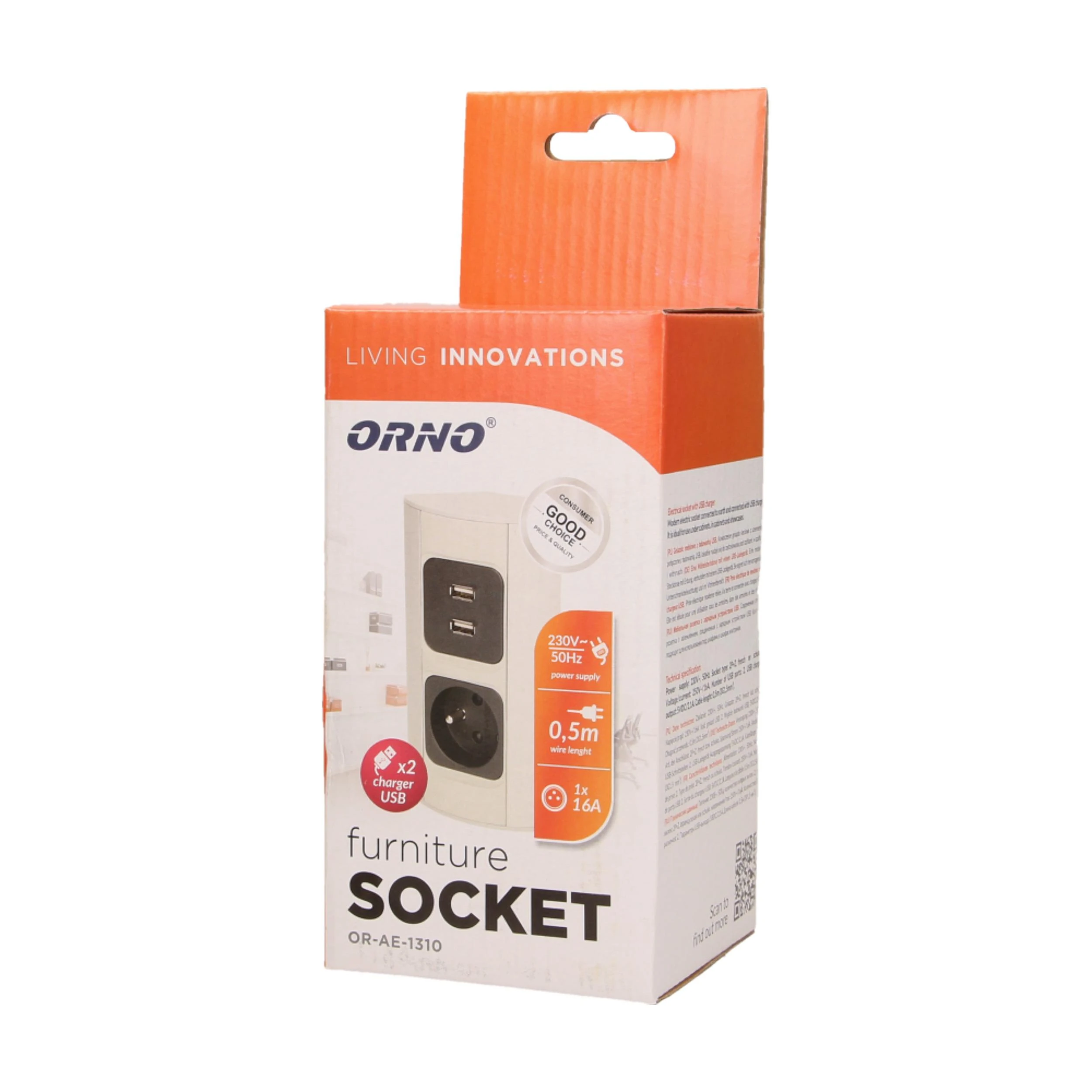Orno Lizdas Baldų lizdas 1x2P+Z, 2xUSB