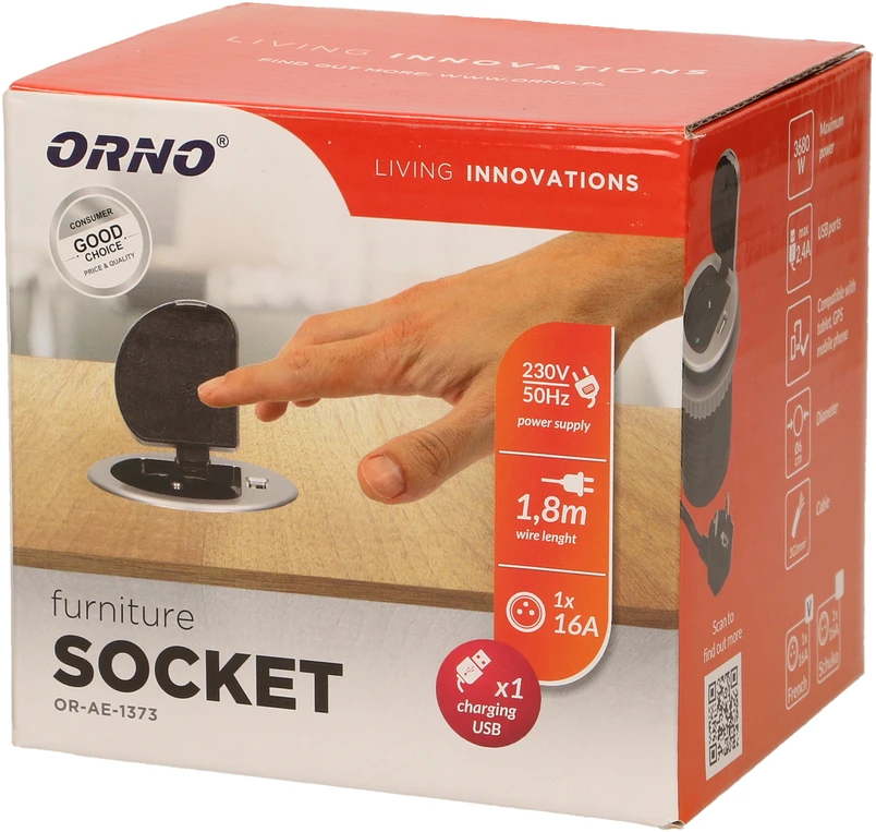 Orno Lizdas Baldų lizdas - 6 cm, įleidžiamas į stalviršį, su dangteliu, USB įkrovikliu ir 1,8 m laidu, 1x2P+Z, 1xUSB