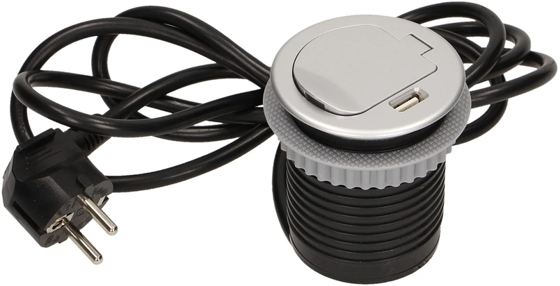 Orno Lizdas Baldų lizdas - 6 cm, įleidžiamas į stalviršį, su dangteliu, USB įkrovikliu ir 1,8 m laidu, 1x2P+Z, 1xUSB