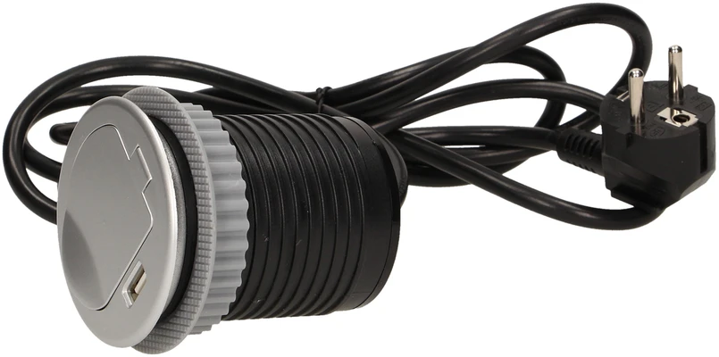 Orno Lizdas Baldų lizdas - 6 cm, įleidžiamas į stalviršį, su dangteliu, USB įkrovikliu ir 1,8 m laidu, 1x2P+Z, 1xUSB