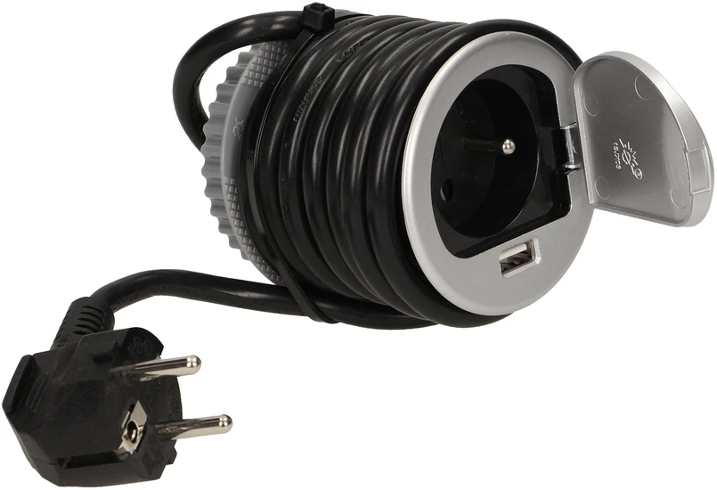 Orno Lizdas Baldų lizdas - 6 cm, įleidžiamas į stalviršį, su dangteliu, USB įkrovikliu ir 1,8 m laidu, 1x2P+Z, 1xUSB