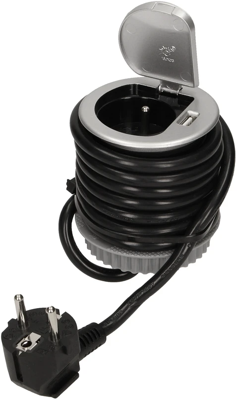 Orno Lizdas Baldų lizdas - 6 cm, įleidžiamas į stalviršį, su dangteliu, USB įkrovikliu ir 1,8 m laidu, 1x2P+Z, 1xUSB