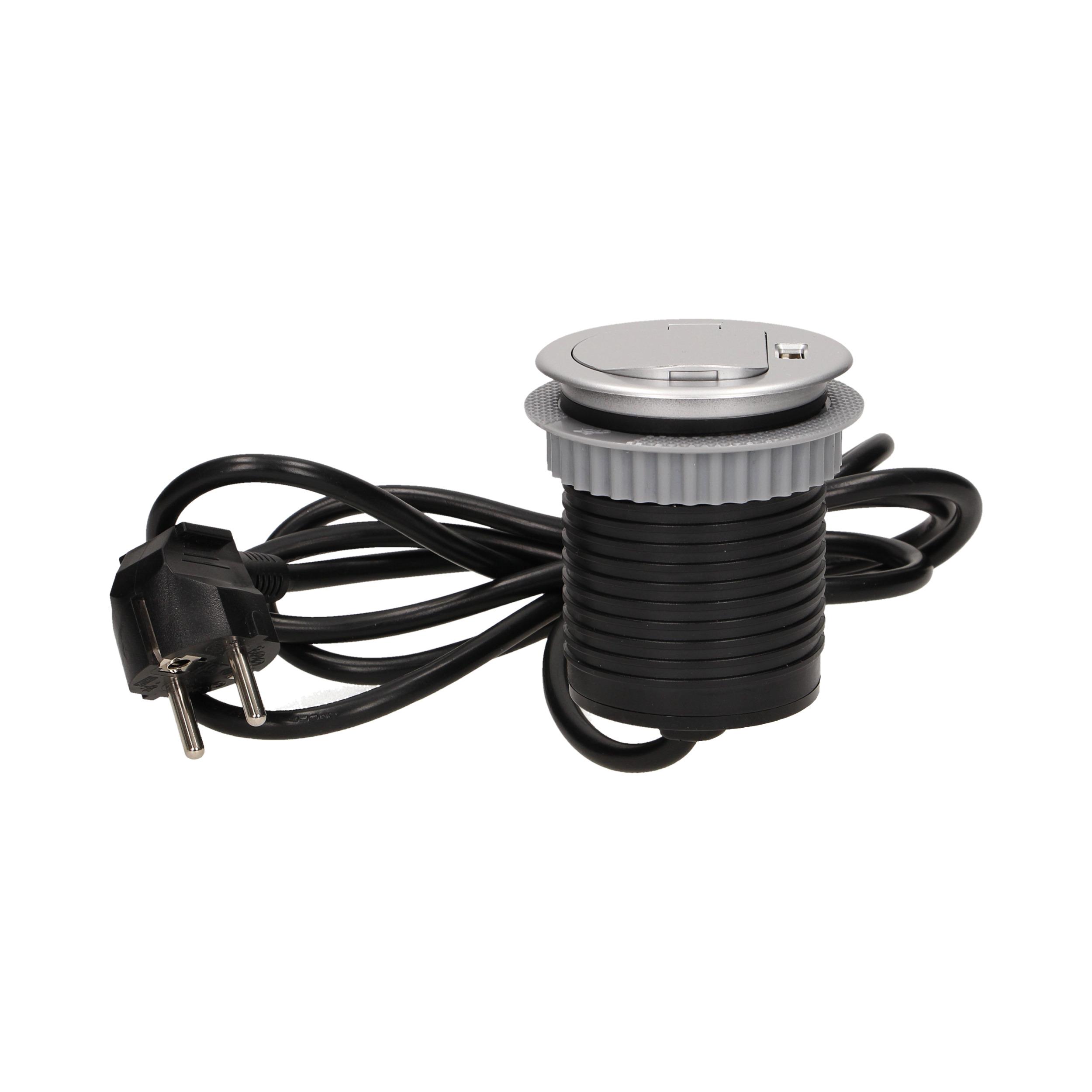 Orno Lizdas Baldų lizdas - 6 cm, įleidžiamas į stalviršį, su dangteliu, USB įkrovikliu ir 1,8 m laidu, 1x2P+Z, 1xUSB