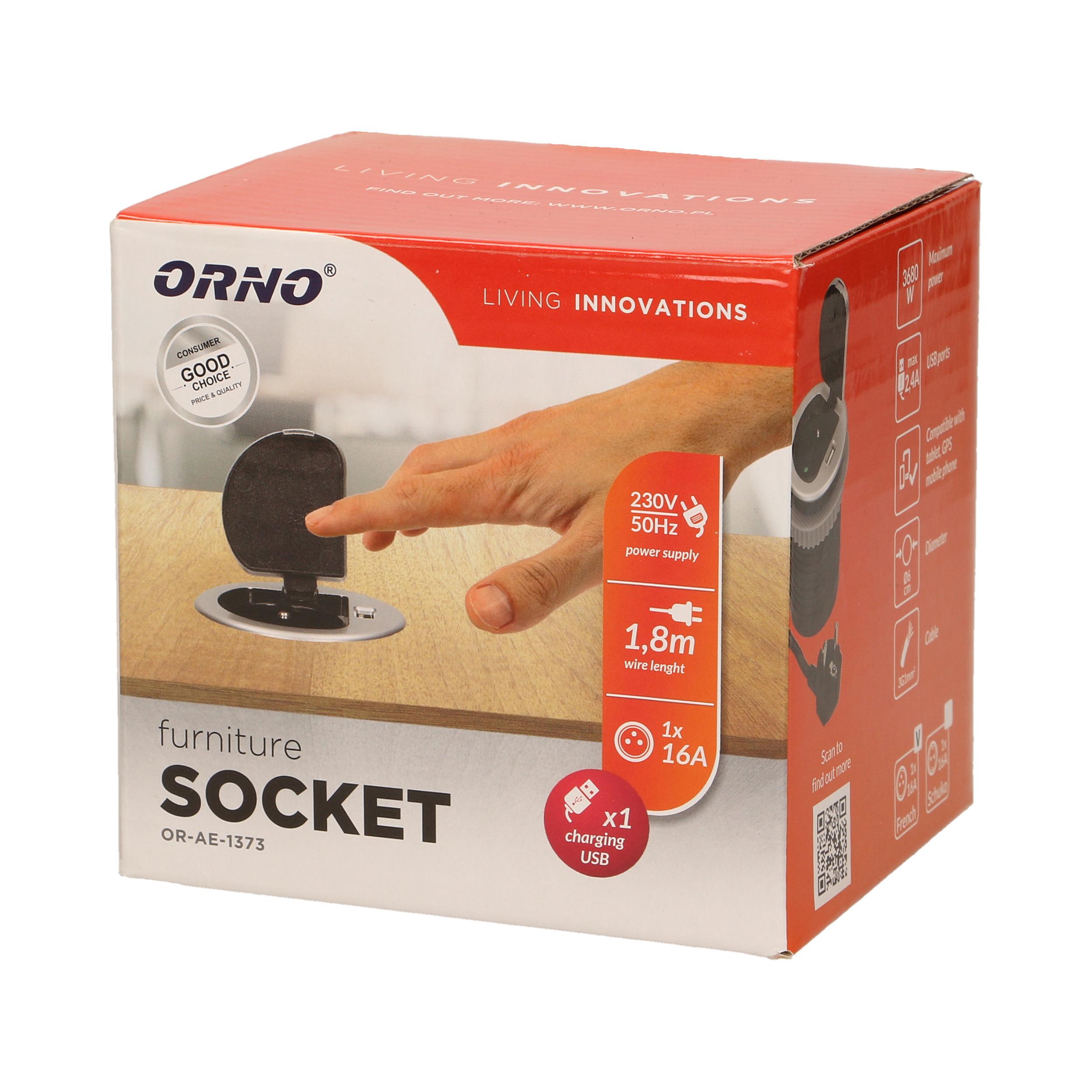 Orno Lizdas Baldų lizdas - 6 cm, įleidžiamas į stalviršį, su dangteliu, USB įkrovikliu ir 1,8 m laidu, 1x2P+Z, 1xUSB