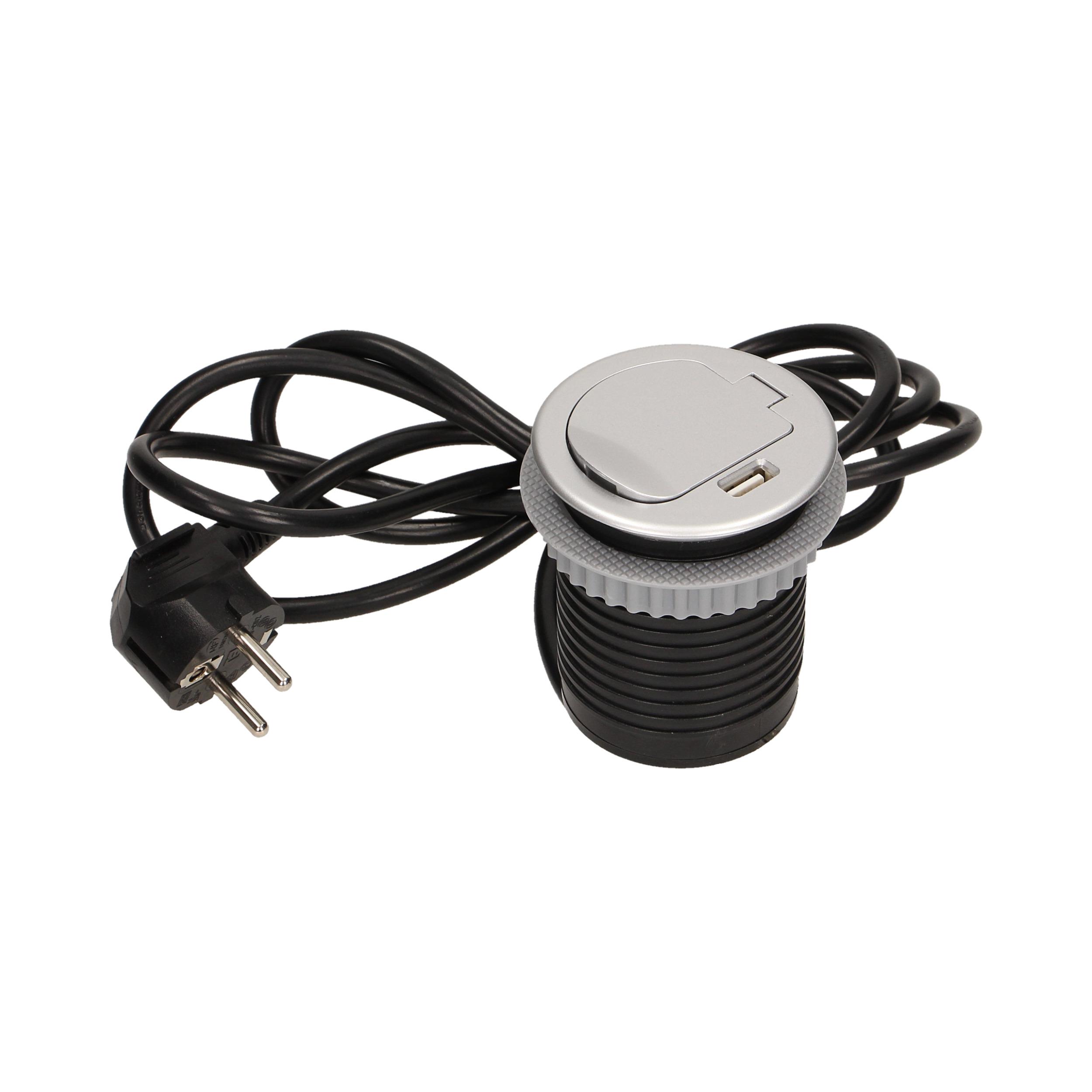 Orno Lizdas Baldų lizdas - 6 cm, įleidžiamas į stalviršį, su dangteliu, USB įkrovikliu ir 1,8 m laidu, 1x2P+Z, 1xUSB