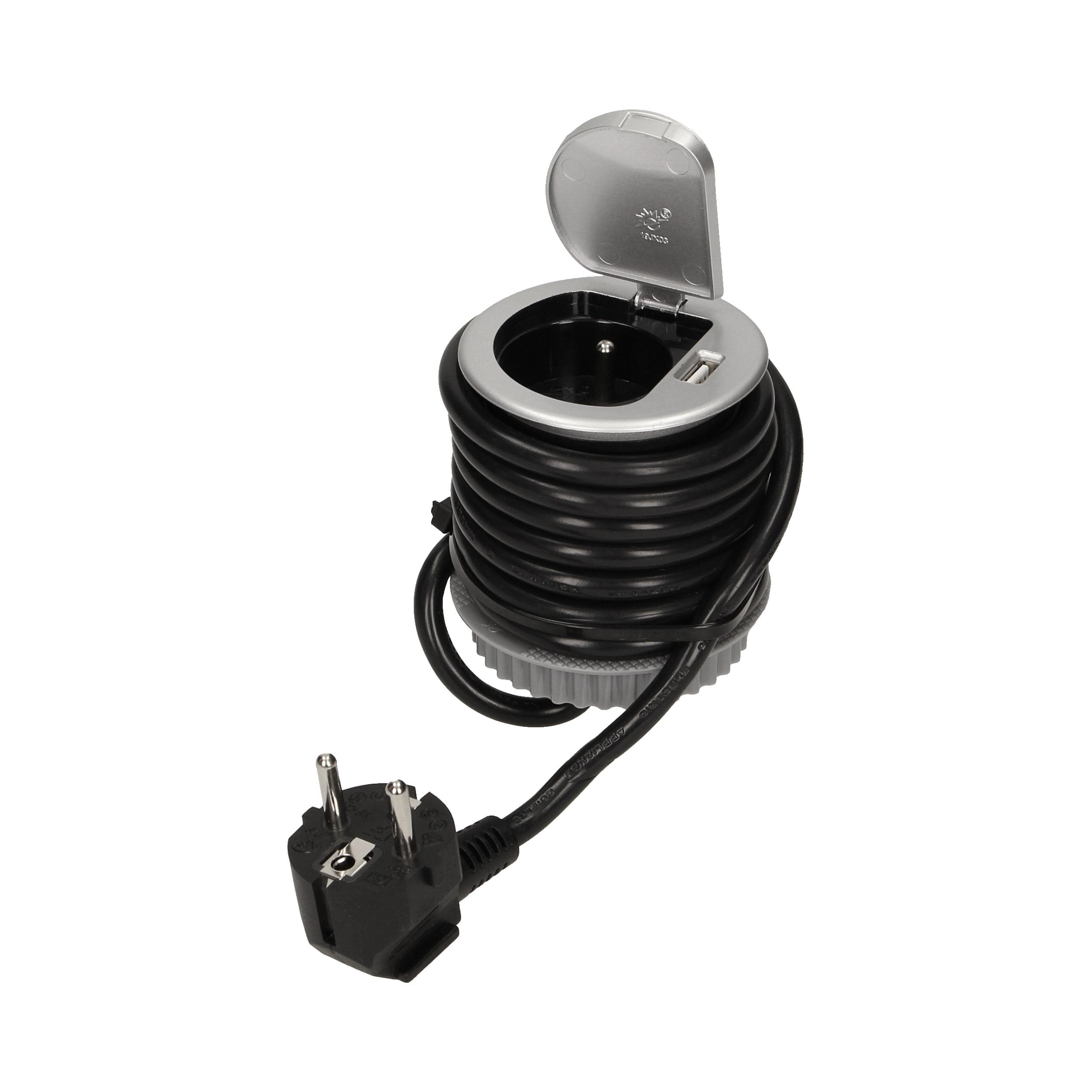 Orno Lizdas Baldų lizdas - 6 cm, įleidžiamas į stalviršį, su dangteliu, USB įkrovikliu ir 1,8 m laidu, 1x2P+Z, 1xUSB