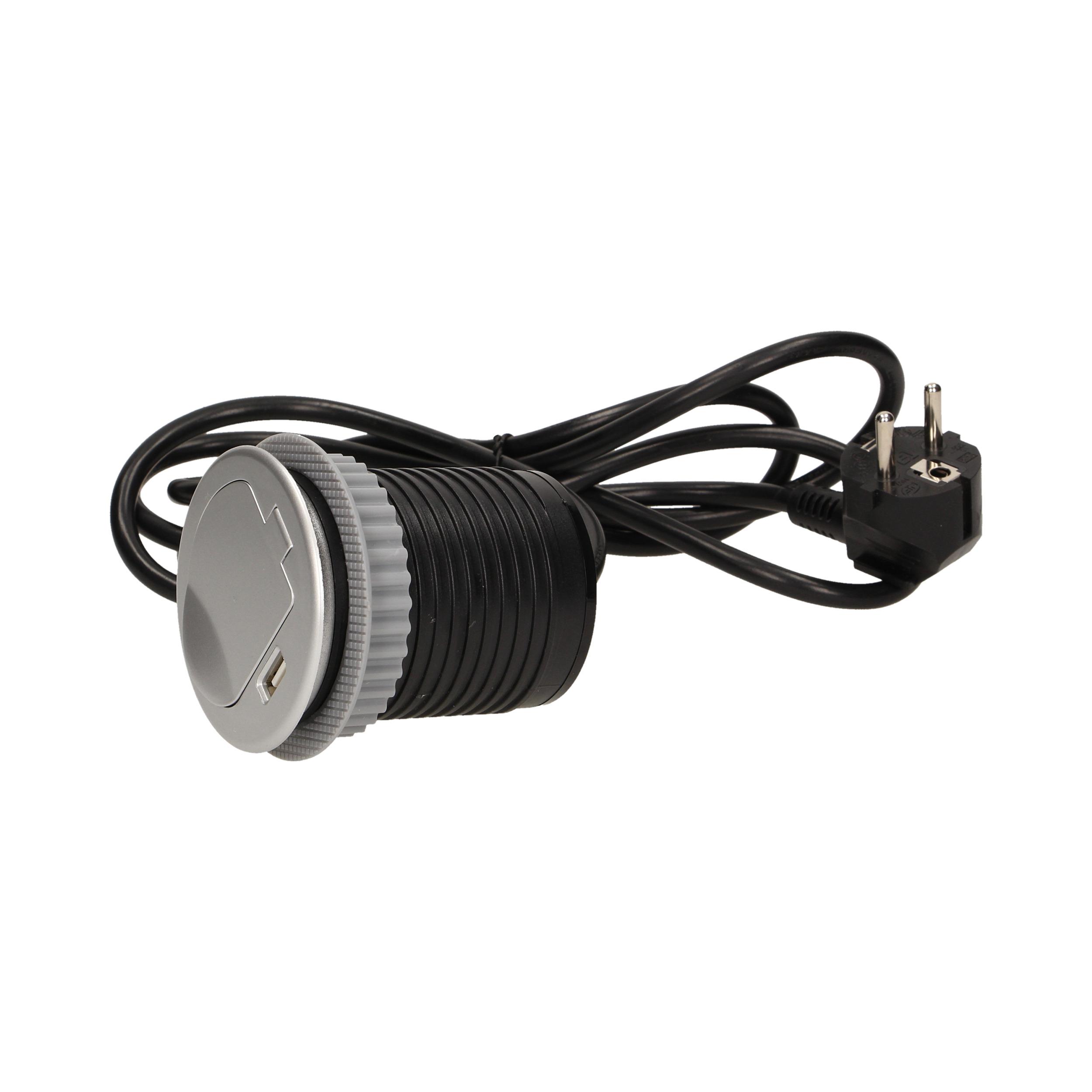 Orno Lizdas Baldų lizdas - 6 cm, įleidžiamas į stalviršį, su dangteliu, USB įkrovikliu ir 1,8 m laidu, 1x2P+Z, 1xUSB