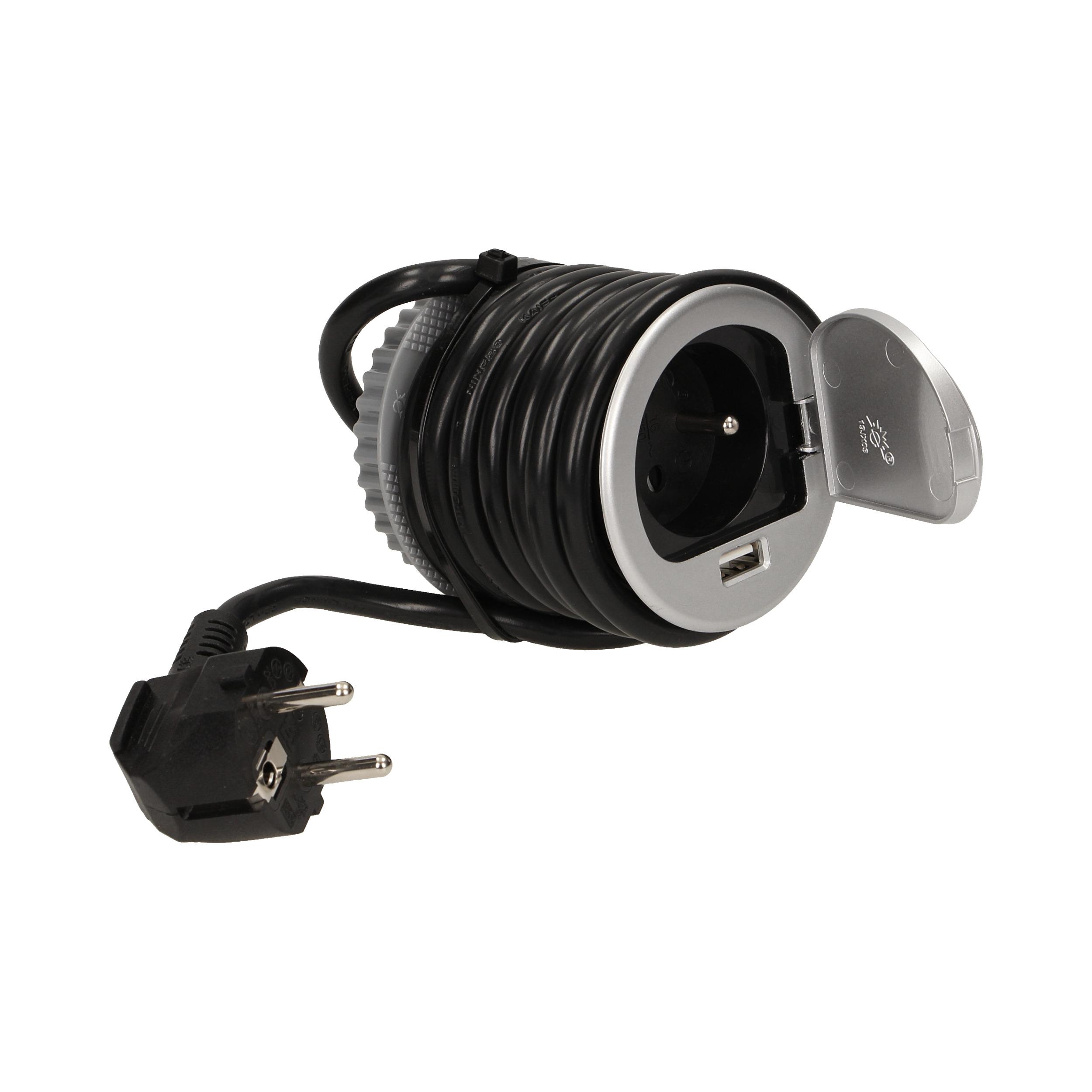 Orno Lizdas Baldų lizdas - 6 cm, įleidžiamas į stalviršį, su dangteliu, USB įkrovikliu ir 1,8 m laidu, 1x2P+Z, 1xUSB