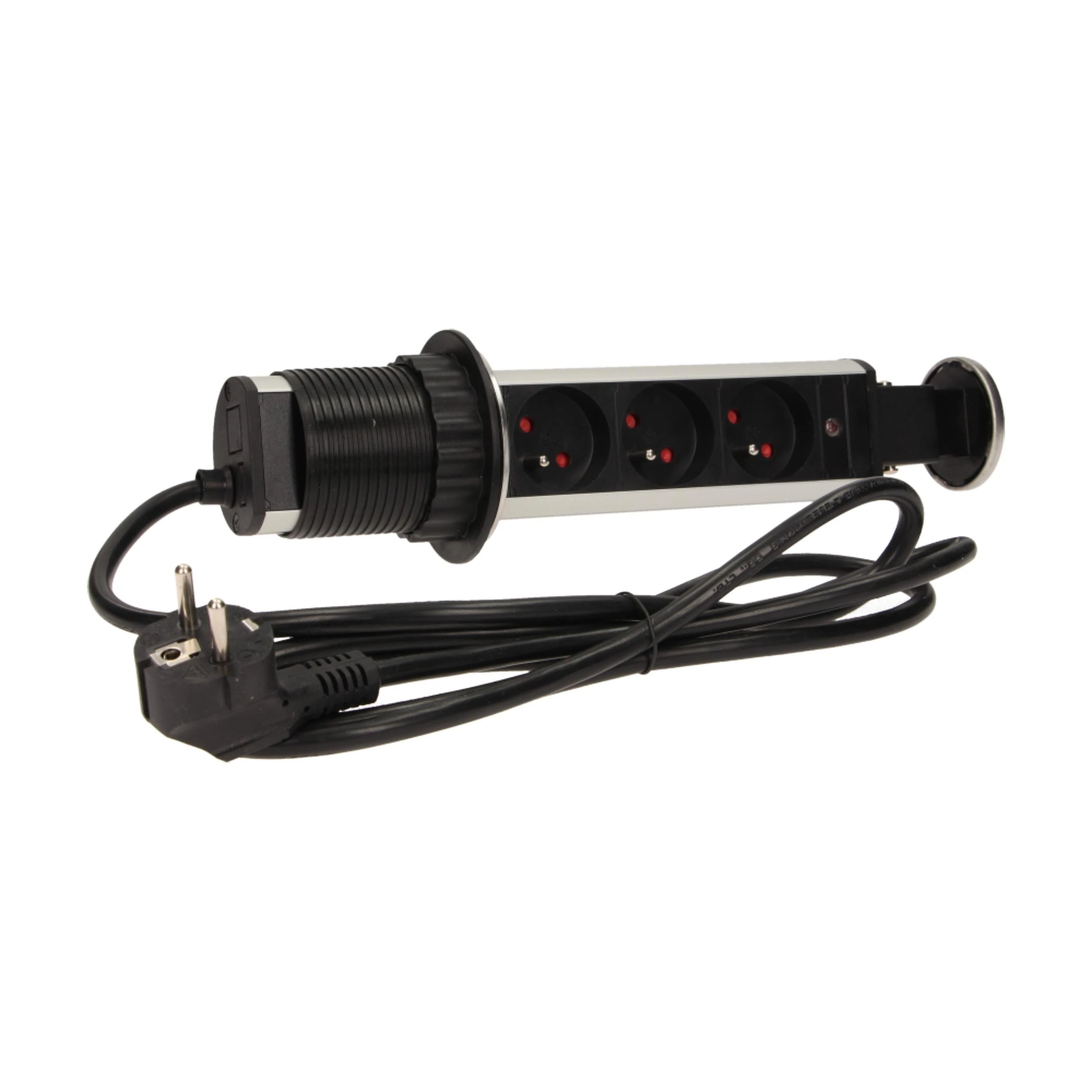 Orno Lizdas Baldų lizdas Ø6cm, ištraukiamas iš stalviršio, su spyna ir 1,8m laidu, 3x2P+Z, INOX