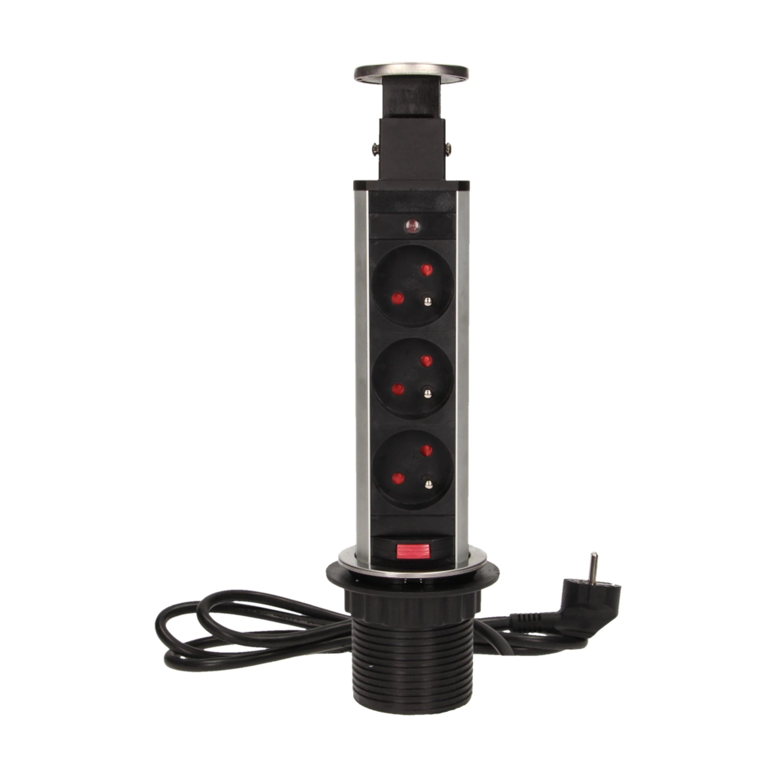 Orno Lizdas Baldų lizdas Ø6cm, ištraukiamas iš stalviršio, su spyna ir 1,8m laidu, 3x2P+Z, INOX