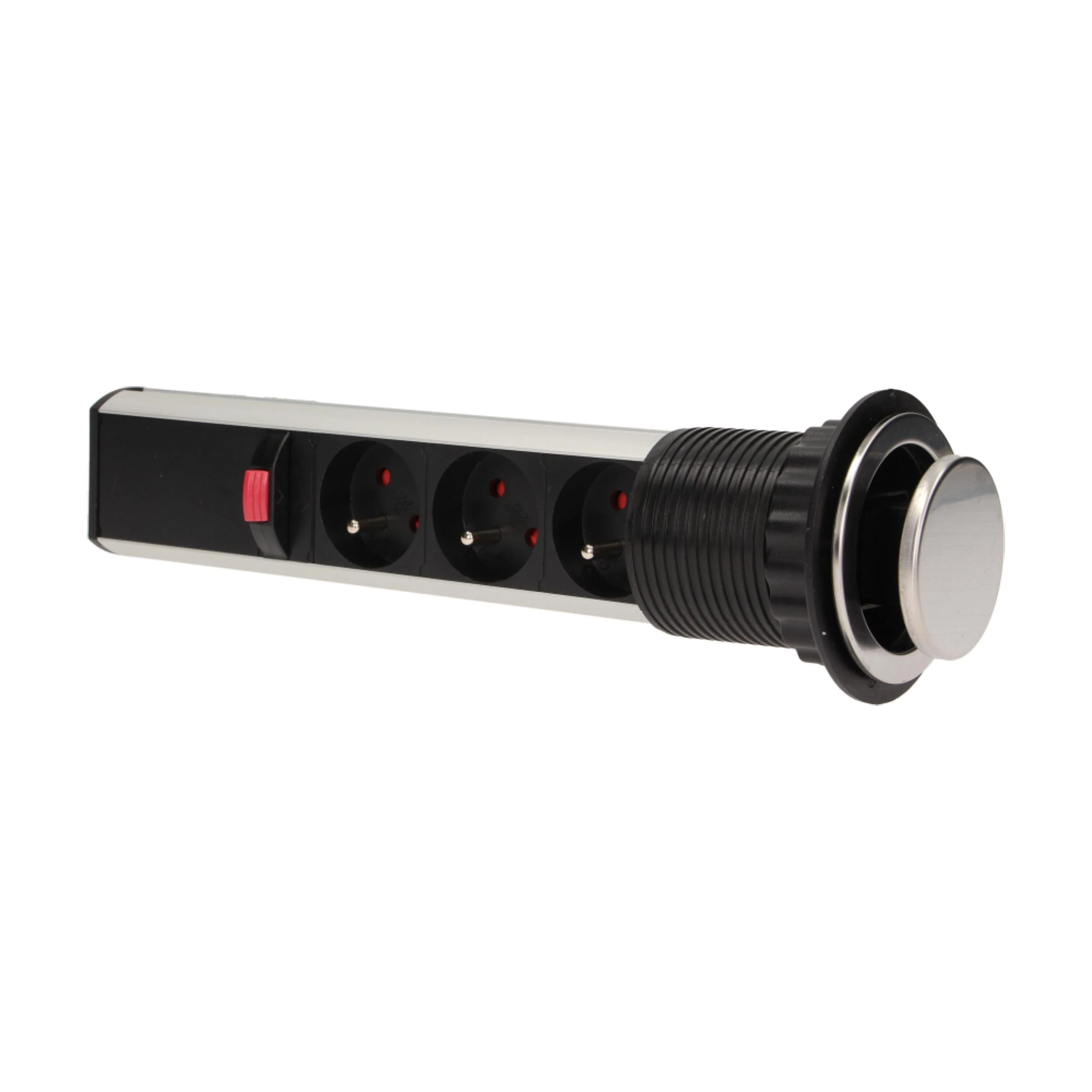 Orno Lizdas Baldų lizdas Ø6cm, ištraukiamas iš stalviršio, su spyna ir 1,8m laidu, 3x2P+Z, INOX