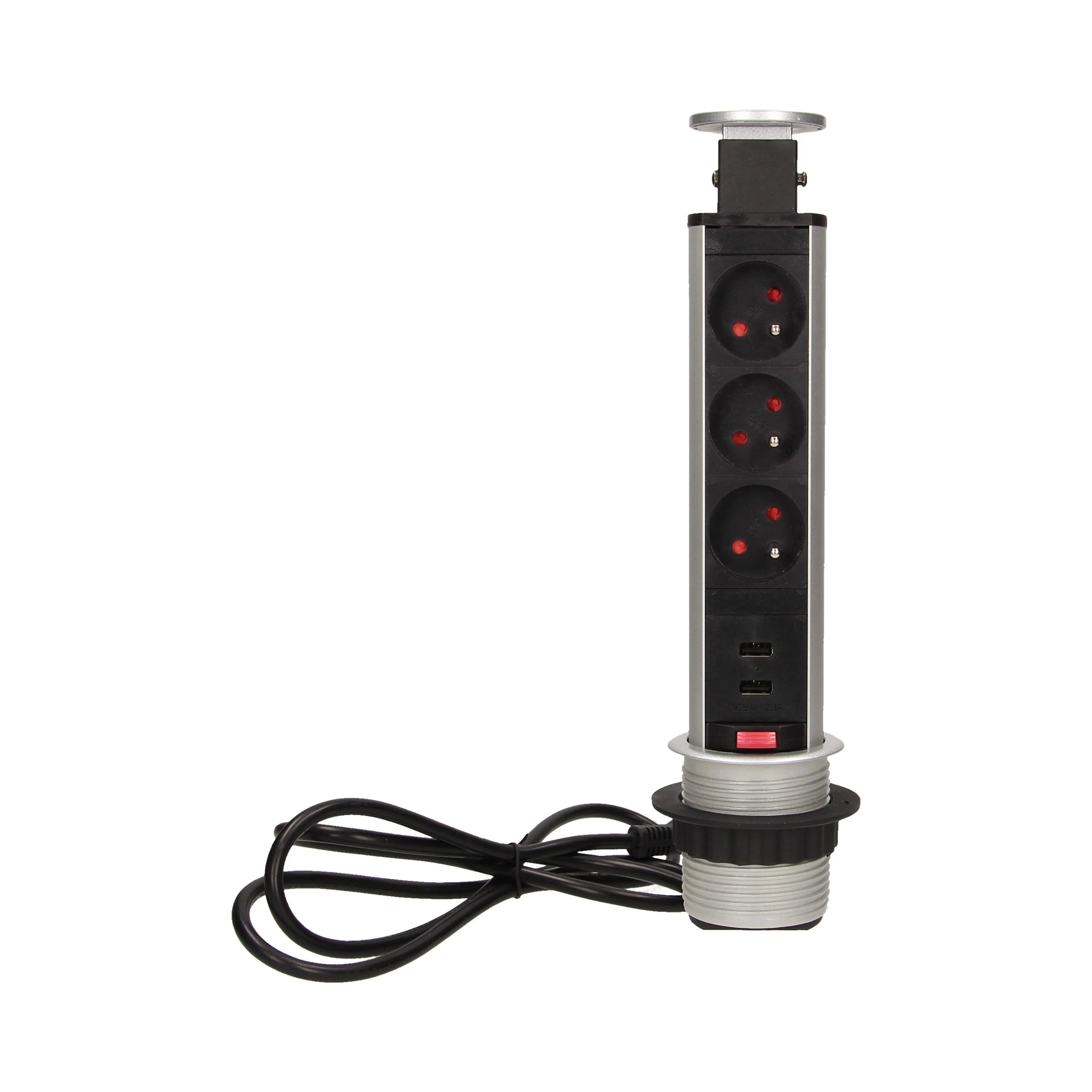 Orno Lizdas Baldų lizdas, ištraukiamas iš stalviršio, Ø6 cm, su USB įkrovikliu, spyna ir 1,8 m laidu, 3x2P+Z