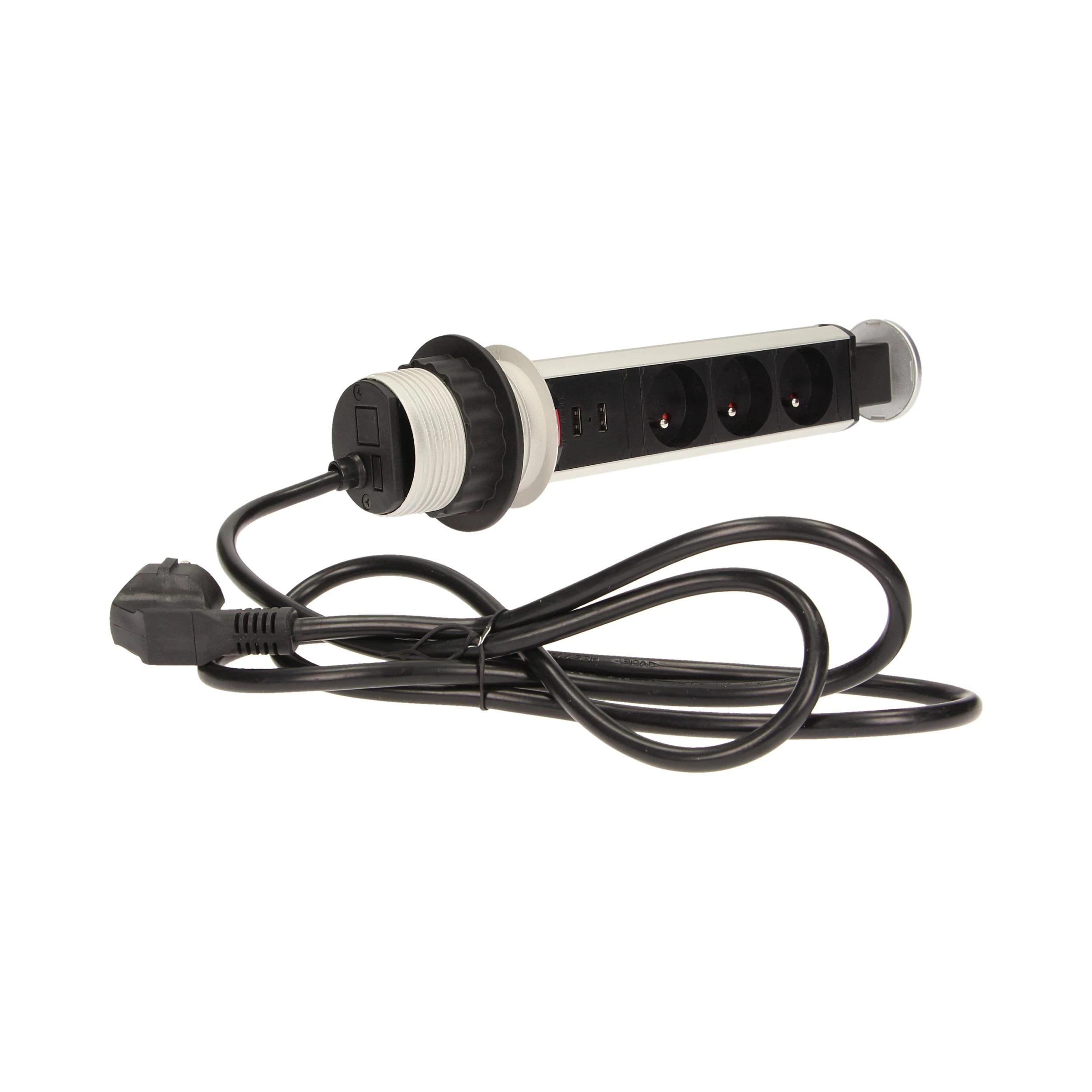 Orno Lizdas Baldų lizdas, ištraukiamas iš stalviršio, Ø6 cm, su USB įkrovikliu, spyna ir 1,8 m laidu, 3x2P+Z