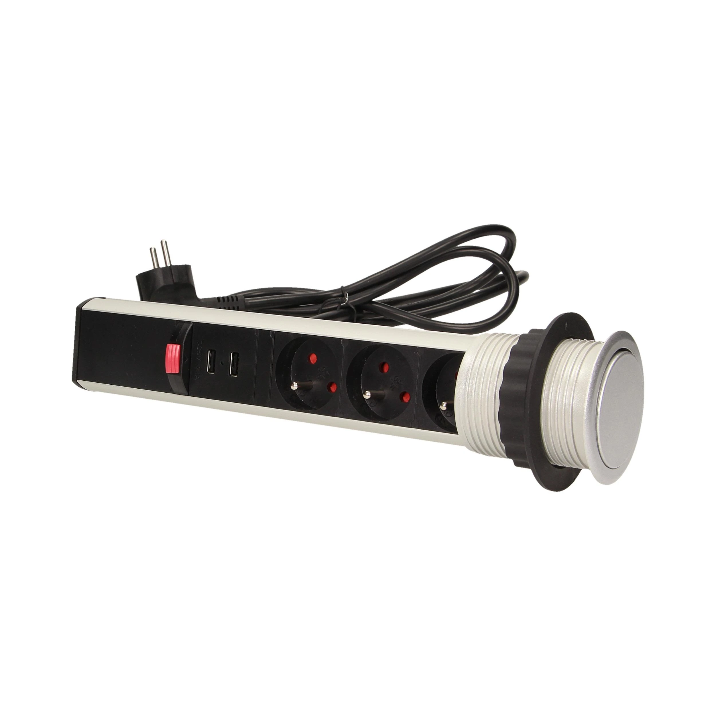 Orno Lizdas Baldų lizdas, ištraukiamas iš stalviršio, Ø6 cm, su USB įkrovikliu, spyna ir 1,8 m laidu, 3x2P+Z