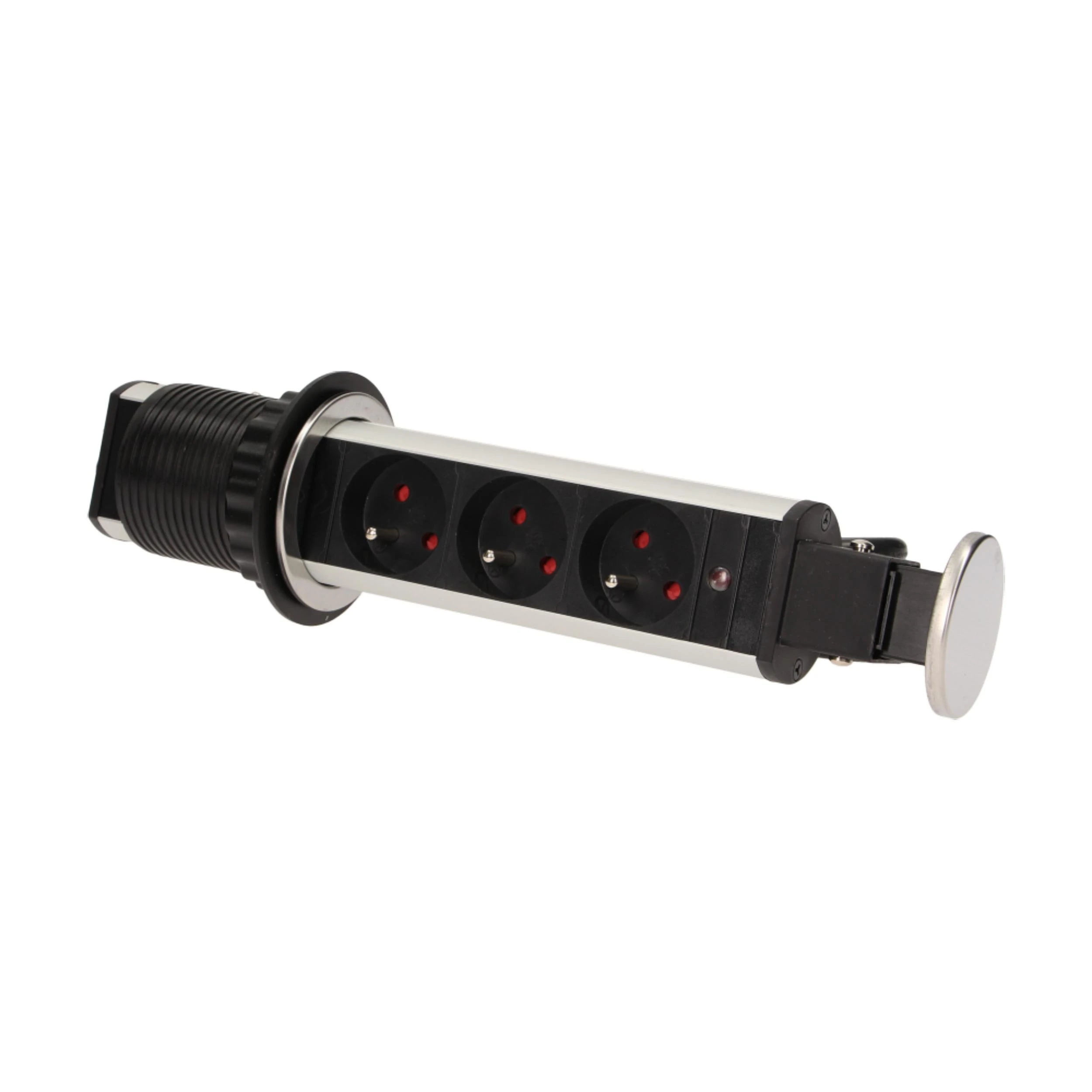 Orno Lizdas Baldų lizdas Ø6cm, ištraukiamas iš stalviršio, su spyna ir 1,8m laidu, 3x2P+Z, INOX