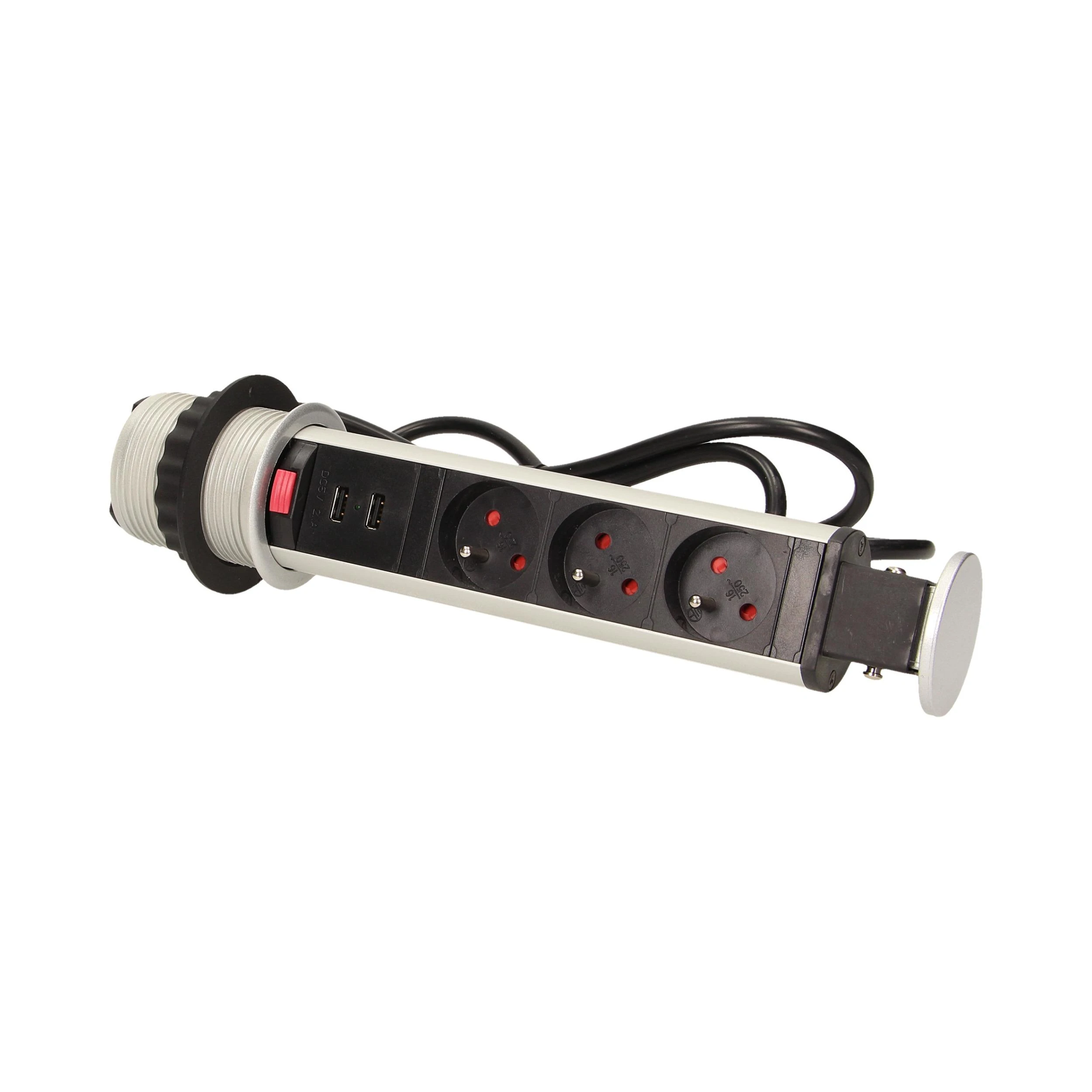 Orno Lizdas Baldų lizdas, ištraukiamas iš stalviršio, Ø6 cm, su USB įkrovikliu, spyna ir 1,8 m laidu, 3x2P+Z