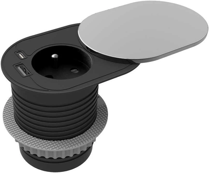 Orno Lizdas Baldinis lizdas Ø6cm, įleidžiamas į stalviršį su stumdomu dangteliu, USB įkrovikliu ir 1,9m laidu, 1x2P+Z (prancūziškas), 2xUSB (A+C tipo; PD20W), sidabrinis