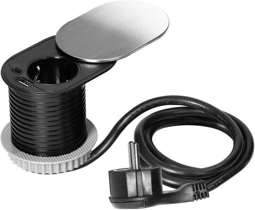 Orno Lizdas Baldinis lizdas Ø6cm, įleidžiamas į stalviršį su stumdomu dangteliu, USB įkrovikliu ir 1,9m laidu, 1x2P+Z (Schuko), 2xUSB (A+C tipo; PD20W), sidabrinis