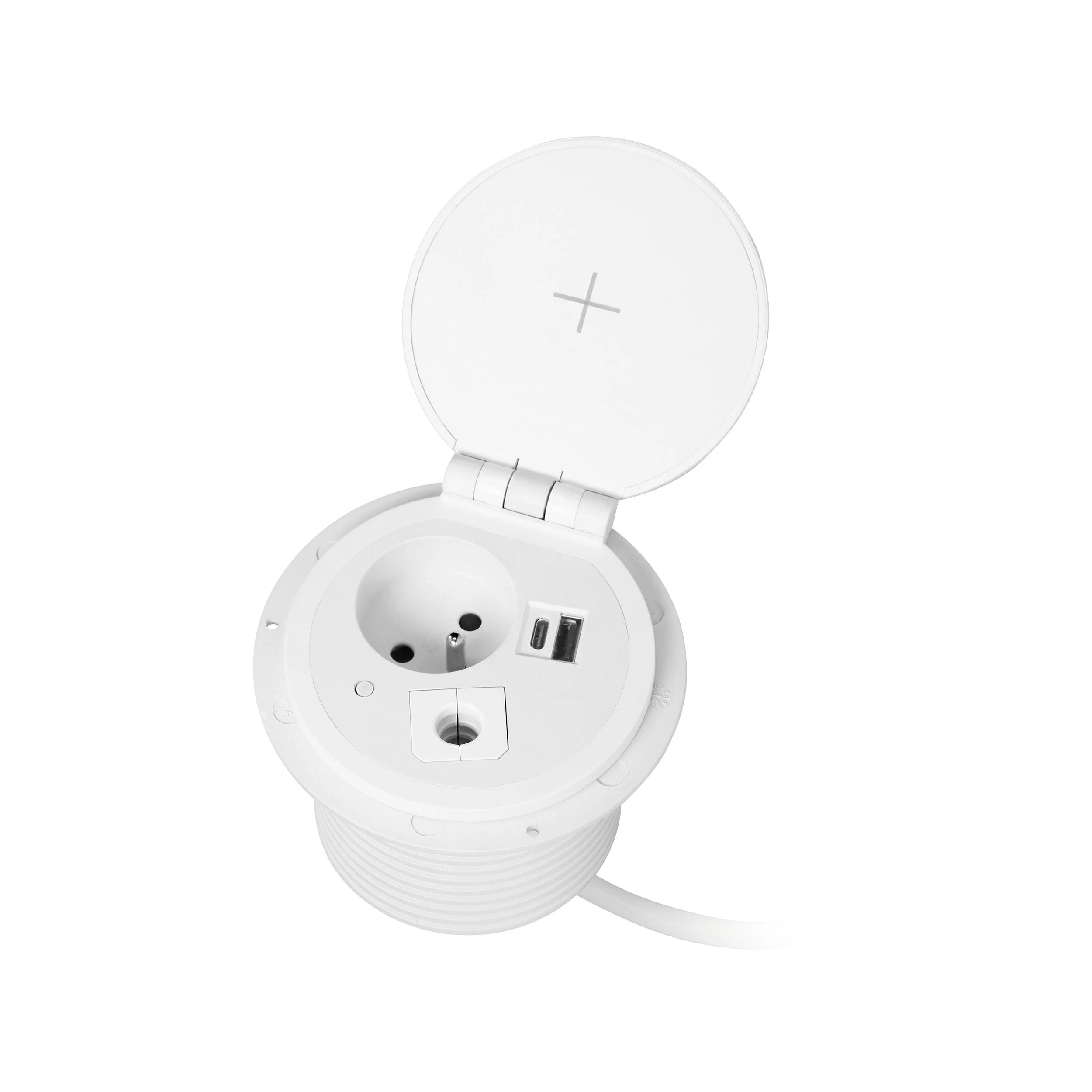 Orno Lizdas Baldinis lizdas Ø8cm, įleidžiamas į stalviršį, su indukciniu įkrovikliu, USB įkroviklis su 2 A ir C lizdais, kabelio įvorėle ir 1,8m laidu, 1x2P+Z, 2xUSB 2.4A 5V, baltas