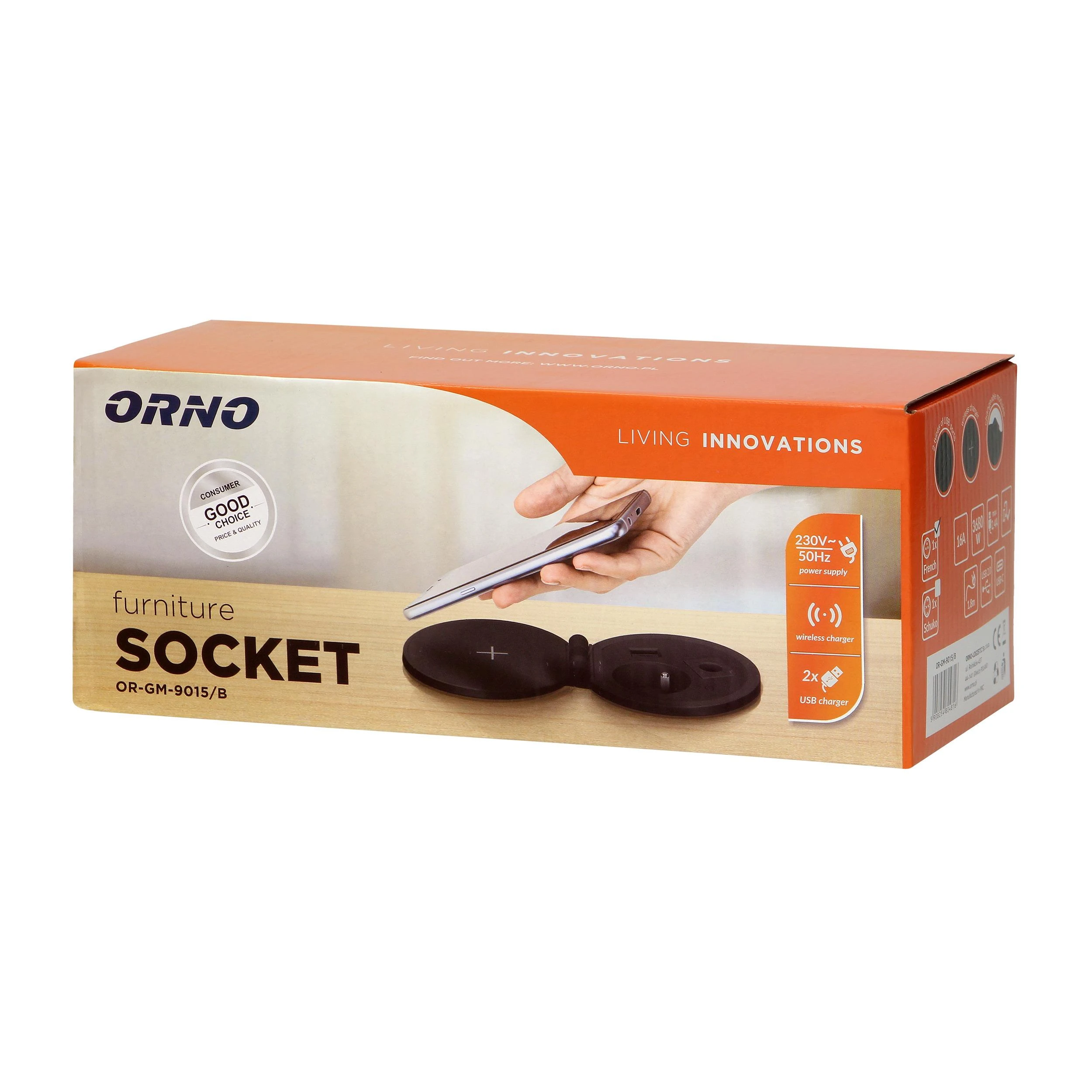 Orno Lizdas Baldinis lizdas Ø8cm, įleidžiamas į stalviršį, su indukciniu įkrovikliu, USB įkroviklis su 2 A ir C lizdais, kabelio įvorė su 1,8m laidu, 1x2P+Z, 2xUSB 2.4A 5V, juodas