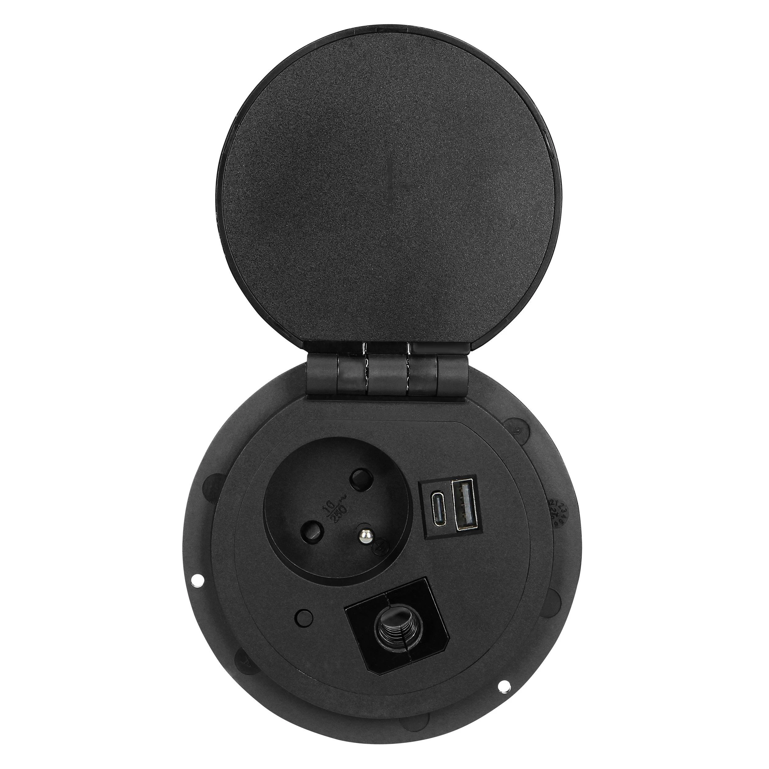 Orno Lizdas Baldinis lizdas Ø8cm, įleidžiamas į stalviršį, su indukciniu įkrovikliu, USB įkroviklis su 2 A ir C lizdais, kabelio įvorė su 1,8m laidu, 1x2P+Z, 2xUSB 2.4A 5V, juodas