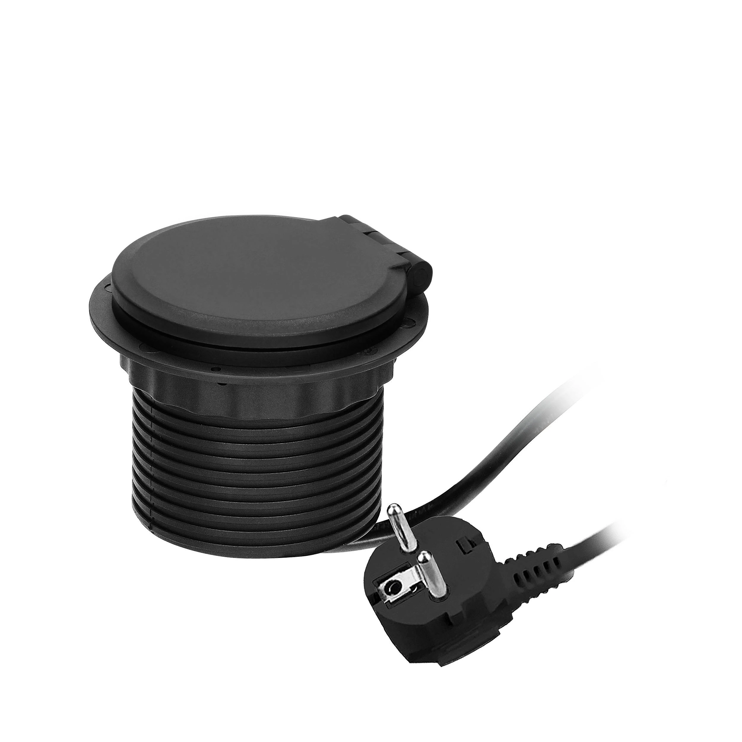 Orno Lizdas Baldinis lizdas Ø8cm, įleidžiamas į stalviršį, su indukciniu įkrovikliu, USB įkroviklis su 2 A ir C lizdais, kabelio įvorė su 1,8m laidu, 1x2P+Z, 2xUSB 2.4A 5V, juodas