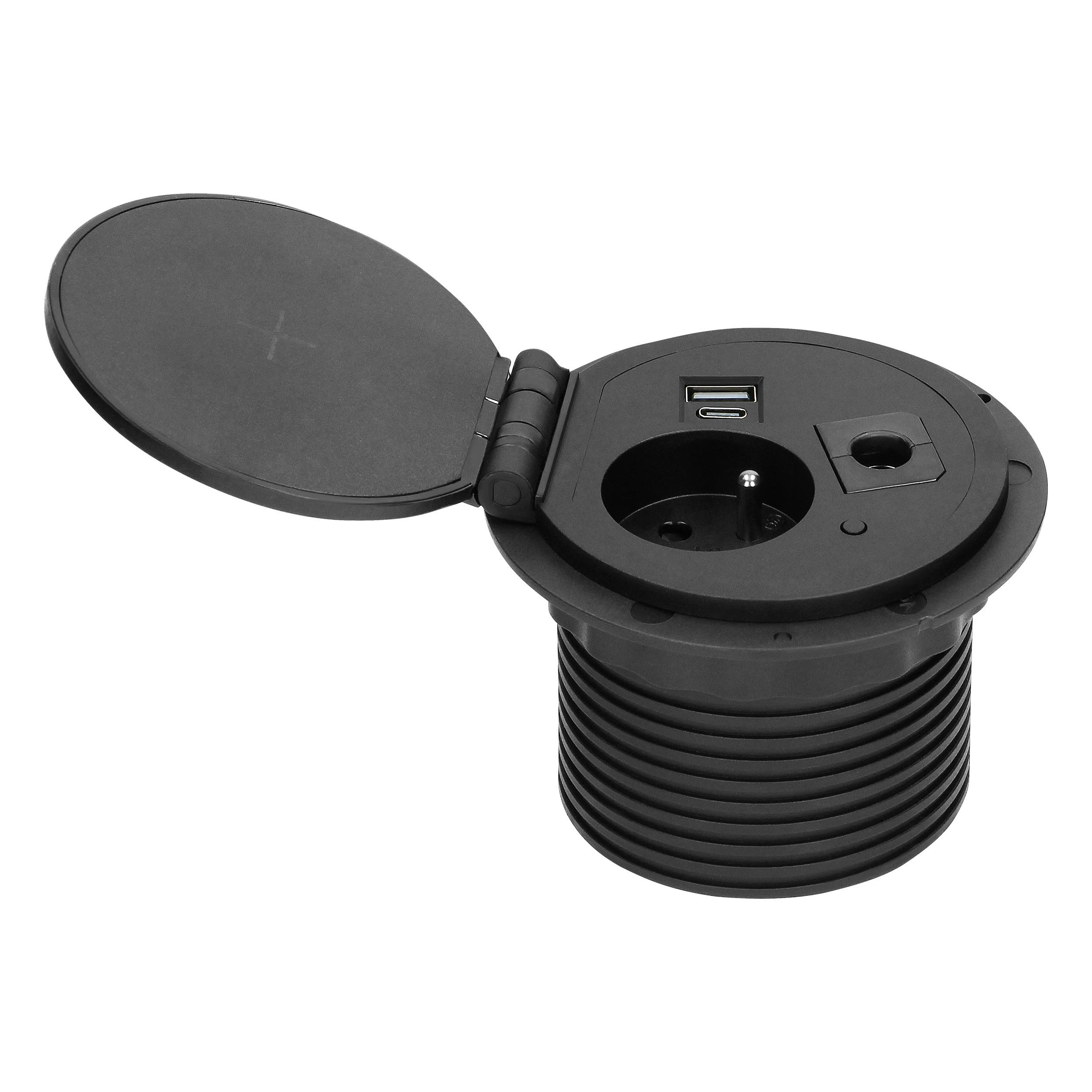 Orno Lizdas Baldinis lizdas Ø8cm, įleidžiamas į stalviršį, su indukciniu įkrovikliu, USB įkroviklis su 2 A ir C lizdais, kabelio įvorė su 1,8m laidu, 1x2P+Z, 2xUSB 2.4A 5V, juodas
