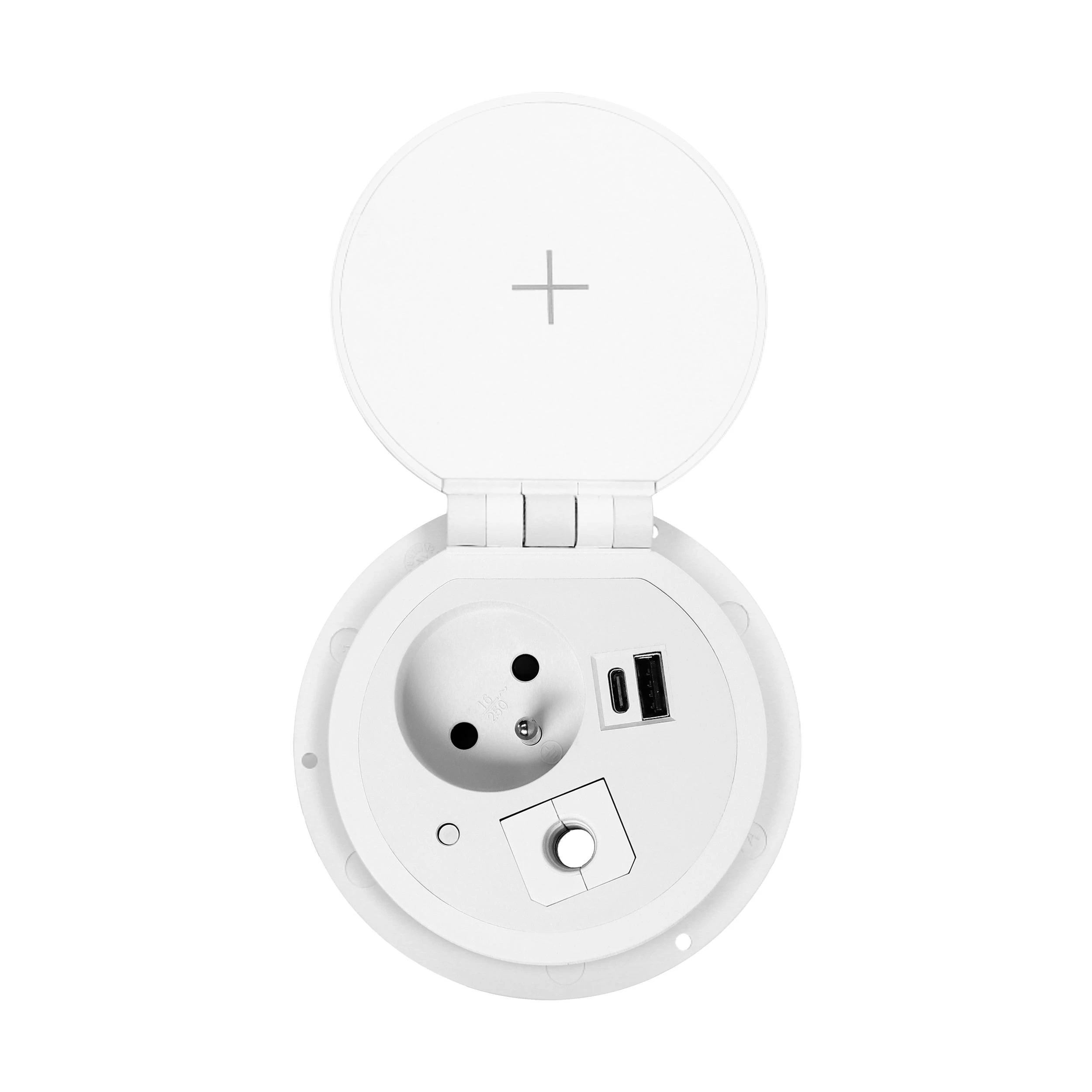 Orno Lizdas Baldinis lizdas Ø8cm, įleidžiamas į stalviršį, su indukciniu įkrovikliu, USB įkroviklis su 2 A ir C lizdais, kabelio įvorėle ir 1,8m laidu, 1x2P+Z, 2xUSB 2.4A 5V, baltas