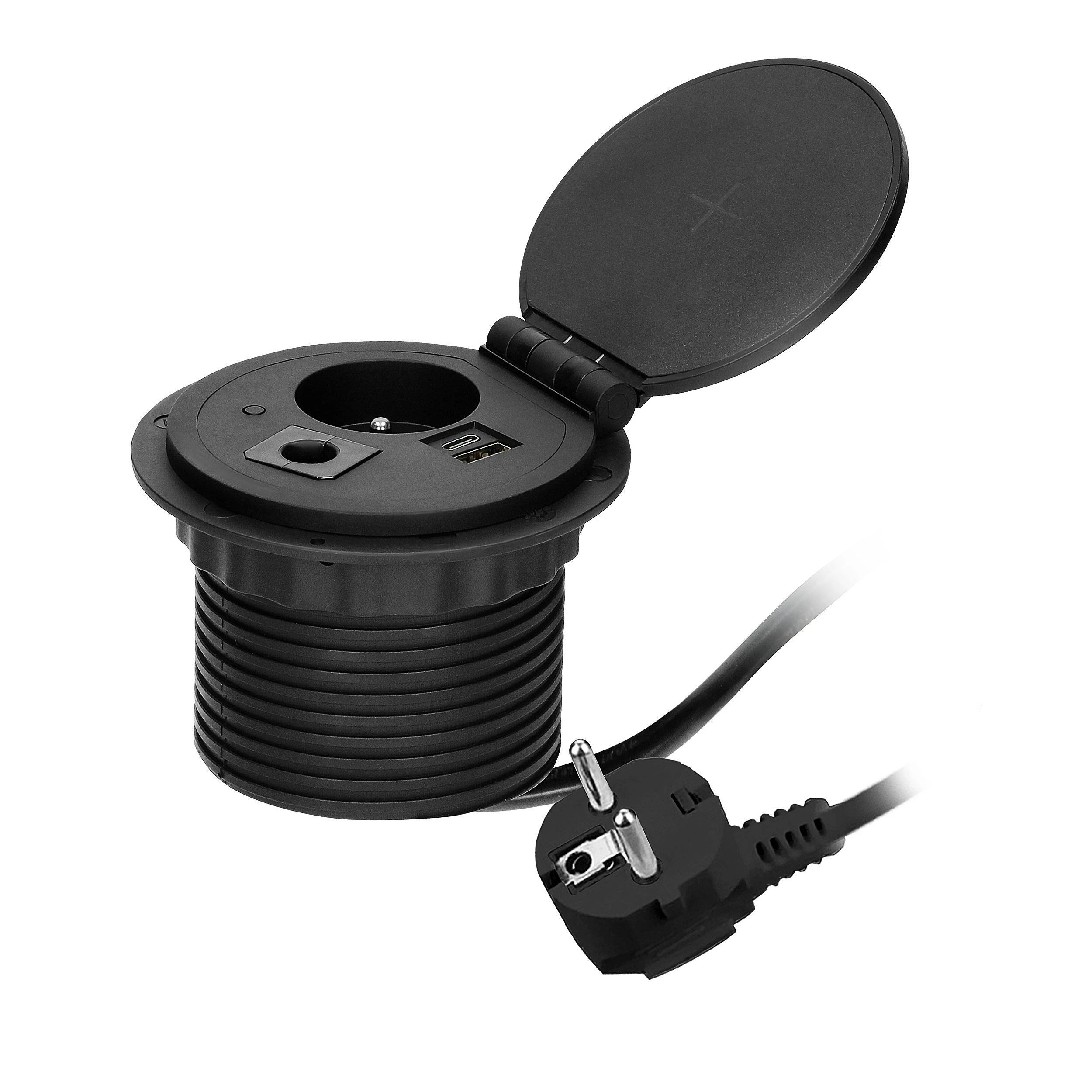 Orno Lizdas Baldinis lizdas Ø8cm, įleidžiamas į stalviršį, su indukciniu įkrovikliu, USB įkroviklis su 2 A ir C lizdais, kabelio įvorė su 1,8m laidu, 1x2P+Z, 2xUSB 2.4A 5V, juodas