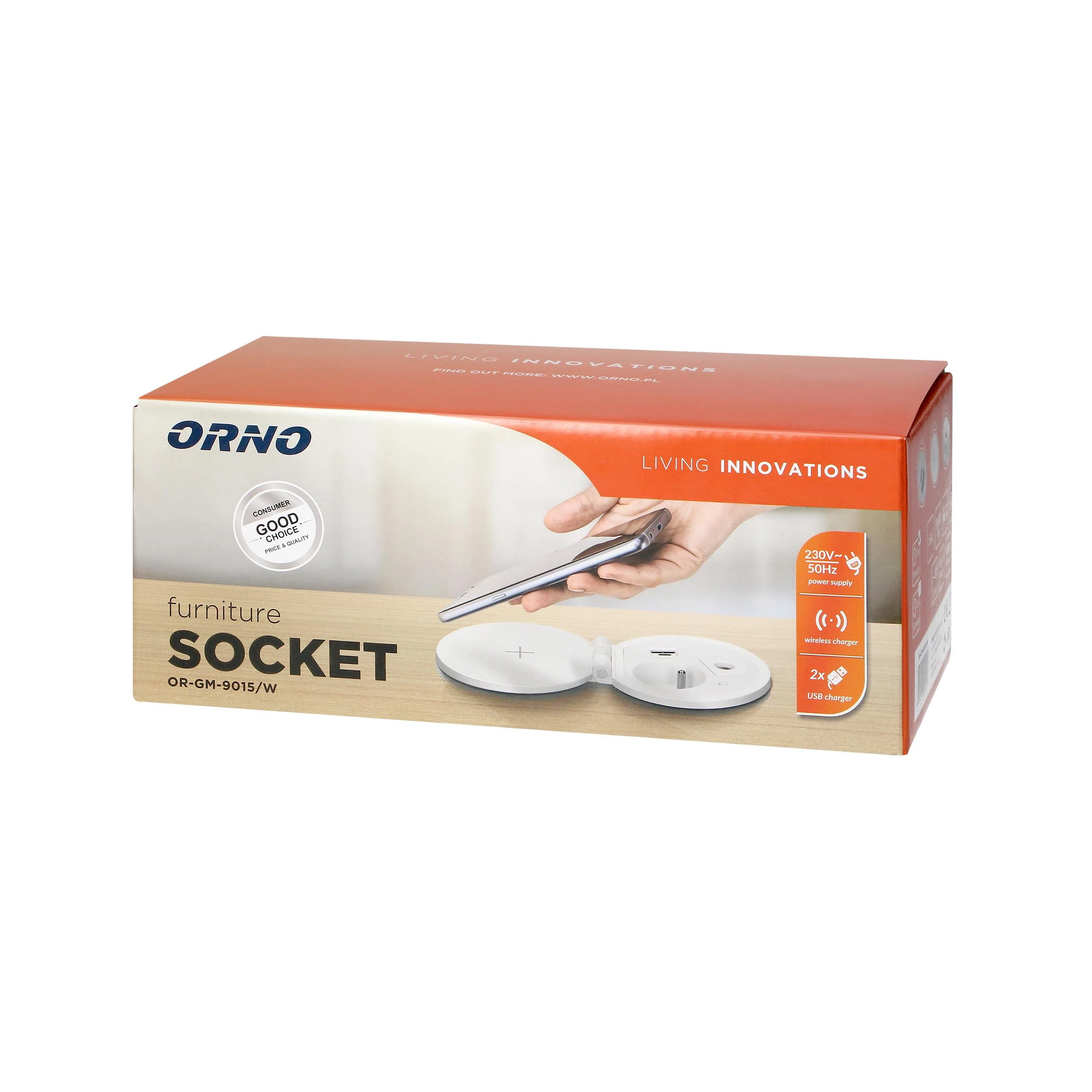 Orno Lizdas Baldinis lizdas Ø8cm, įleidžiamas į stalviršį, su indukciniu įkrovikliu, USB įkroviklis su 2 A ir C lizdais, kabelio įvorėle ir 1,8m laidu, 1x2P+Z, 2xUSB 2.4A 5V, baltas