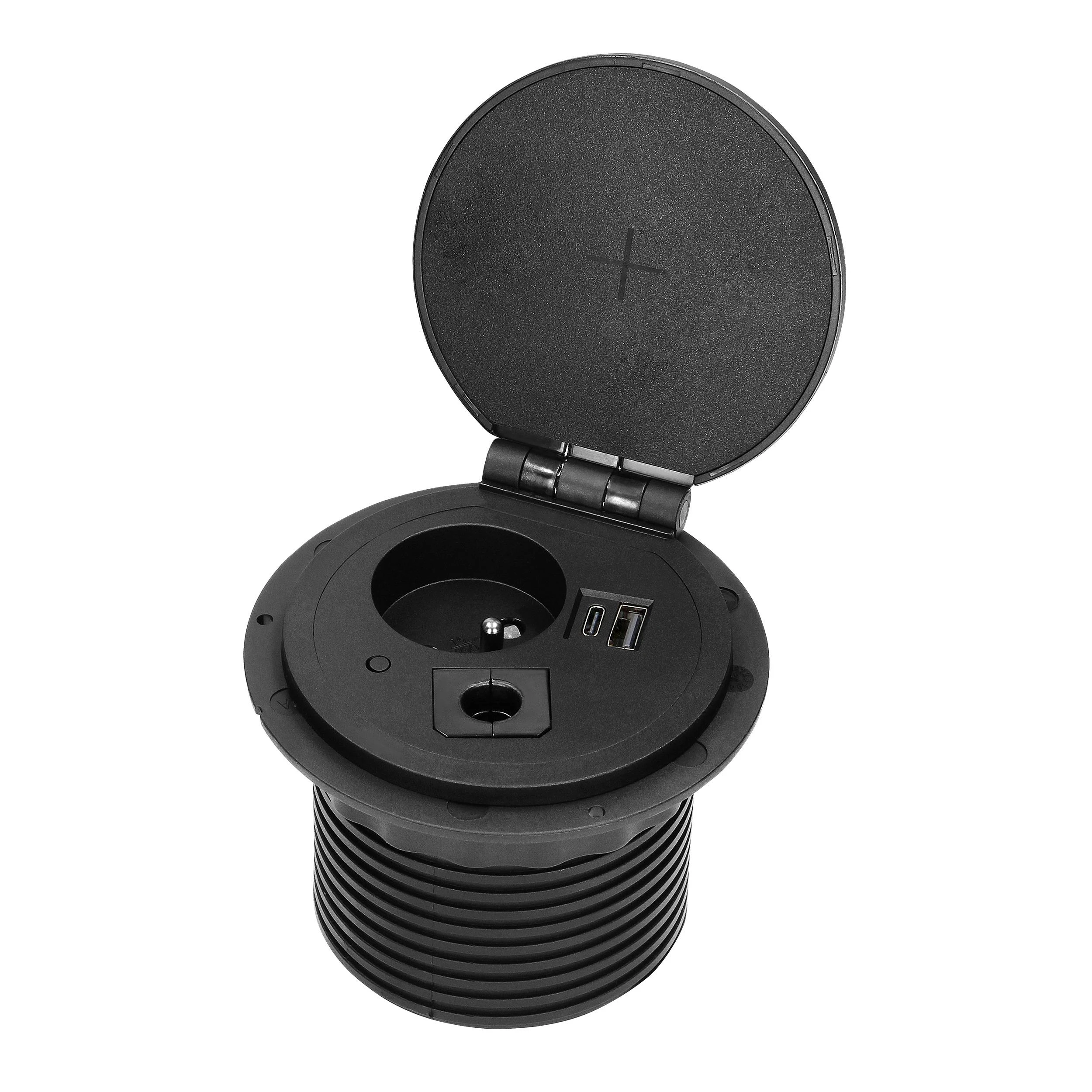 Orno Lizdas Baldinis lizdas Ø8cm, įleidžiamas į stalviršį, su indukciniu įkrovikliu, USB įkroviklis su 2 A ir C lizdais, kabelio įvorė su 1,8m laidu, 1x2P+Z, 2xUSB 2.4A 5V, juodas