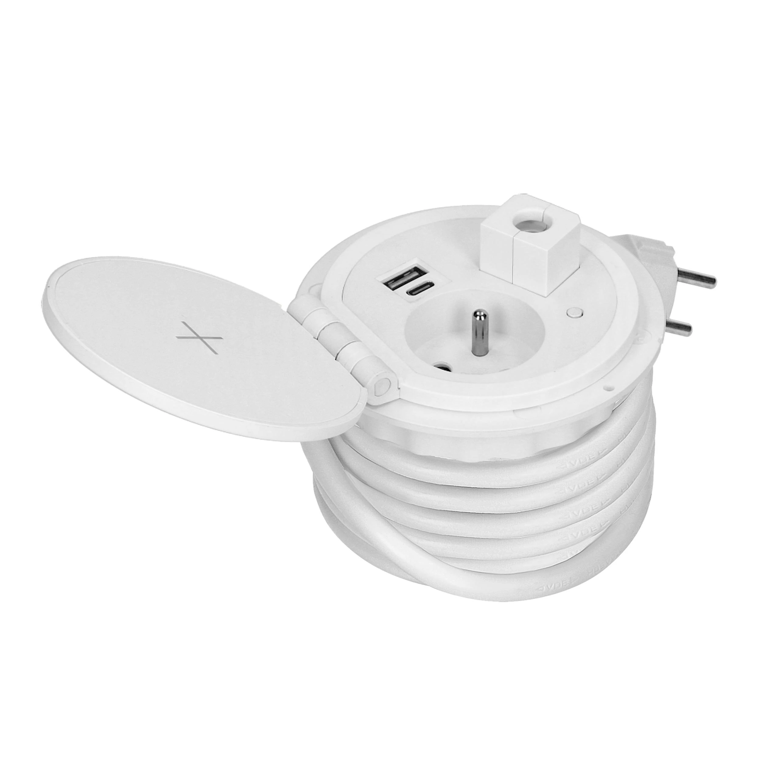Orno Lizdas Baldinis lizdas Ø8cm, įleidžiamas į stalviršį, su indukciniu įkrovikliu, USB įkroviklis su 2 A ir C lizdais, kabelio įvorėle ir 1,8m laidu, 1x2P+Z, 2xUSB 2.4A 5V, baltas